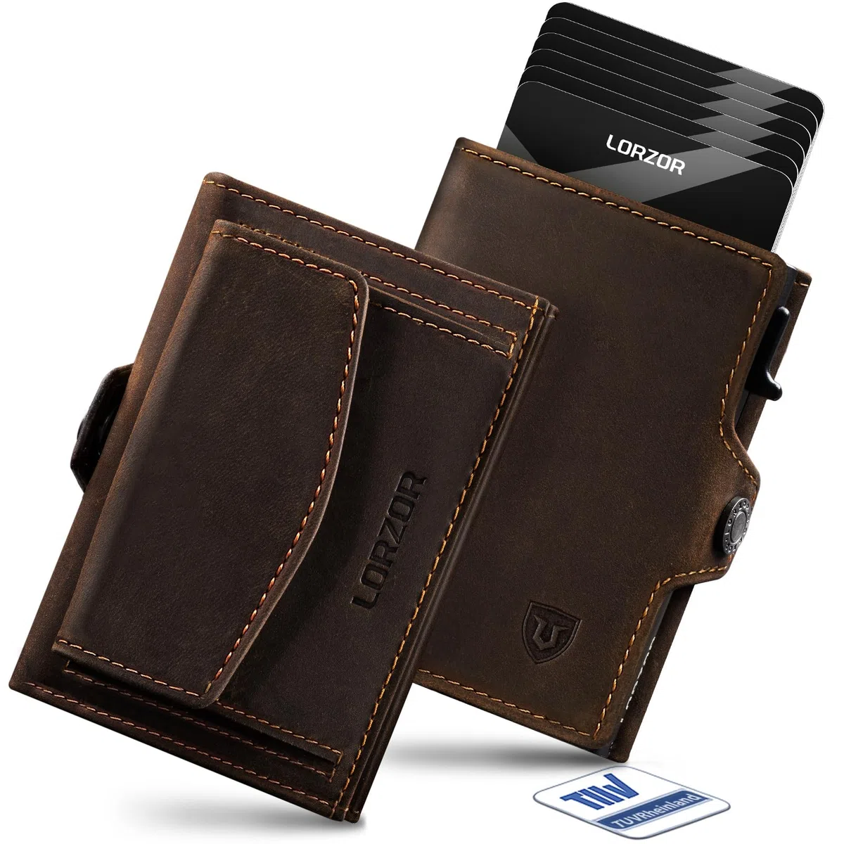 LORZOR Slim Wallet mit XXL-Münzfach für 10+ Münzen, Kartenetui Herren RFID Schutz, Echtleder Portmonee, Geldbörse Herren, Geldbeutel, Brieftasche, Smart Wallet, Kreditkartenetui für 10 Karten