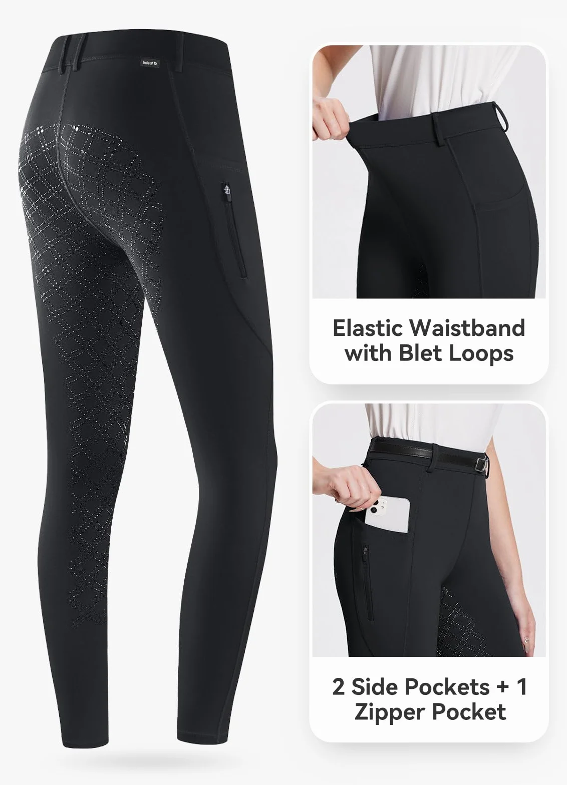 baleaf Reithose Damen Reitsport Reitingleggings Silikon Strumpfhosen mit Reißverschlusstasche Sporthose