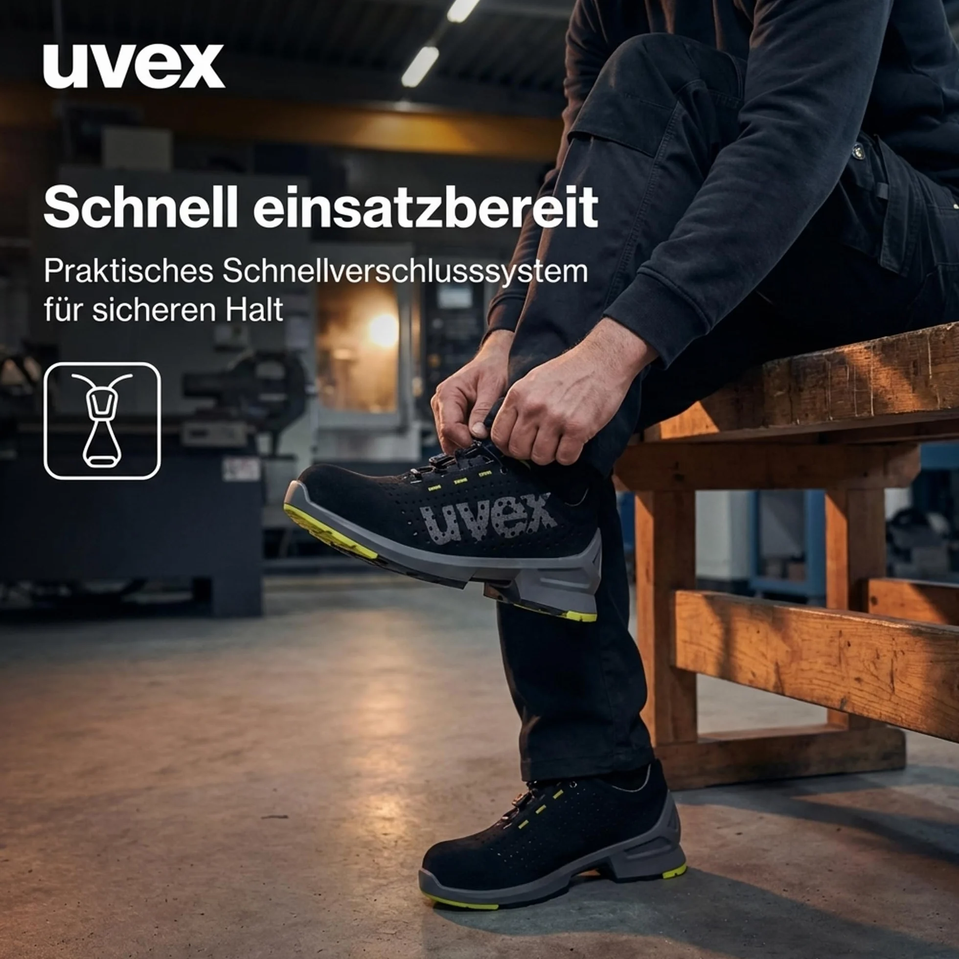 Uvex 1 S1 Sicherheits-Halbschuh gelocht - metallfrei, atmungsaktiv, ESD Arbeitsschuh, Rutschhemmende PU-Sohle SR, schwarz/Lime - W11