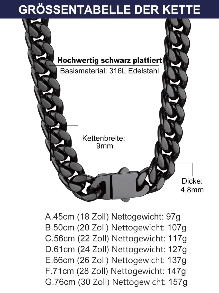 Bandmax Panzerkette Herren Kette Edelstahl Halskette 5/7/9/12MM breit Damen Kubanische Kette Silber/Gold/Schwarz Gliederkette Männer Hip Hop Kette Schmuck Auswählbare Kettenlänge 45-76CM