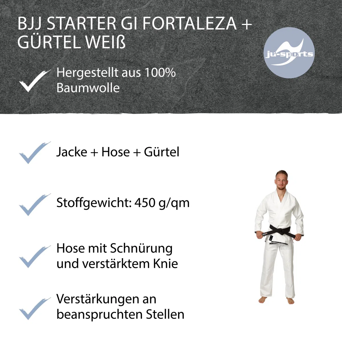 Ju-Sports Fortaleza BJJ Gi Herren weiß + BJJ Gürtel weiß - Leichter & schlank geschnittener Brazilian Jujutsu Anzug für Einsteiger 100% Baumwolle, Verstärkter Kniebereich