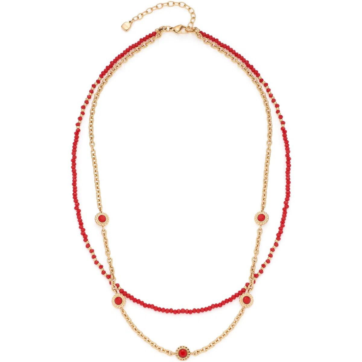 JEWELS BY LEONARDO Halskette Florena • doppelreihige Kette aus goldfarbenem Edelstahl • aufgereihte rote Glassteine und eingesetzte Blüten-Elemente • 42-47 cm Länge • Damen Schmuck • 023545