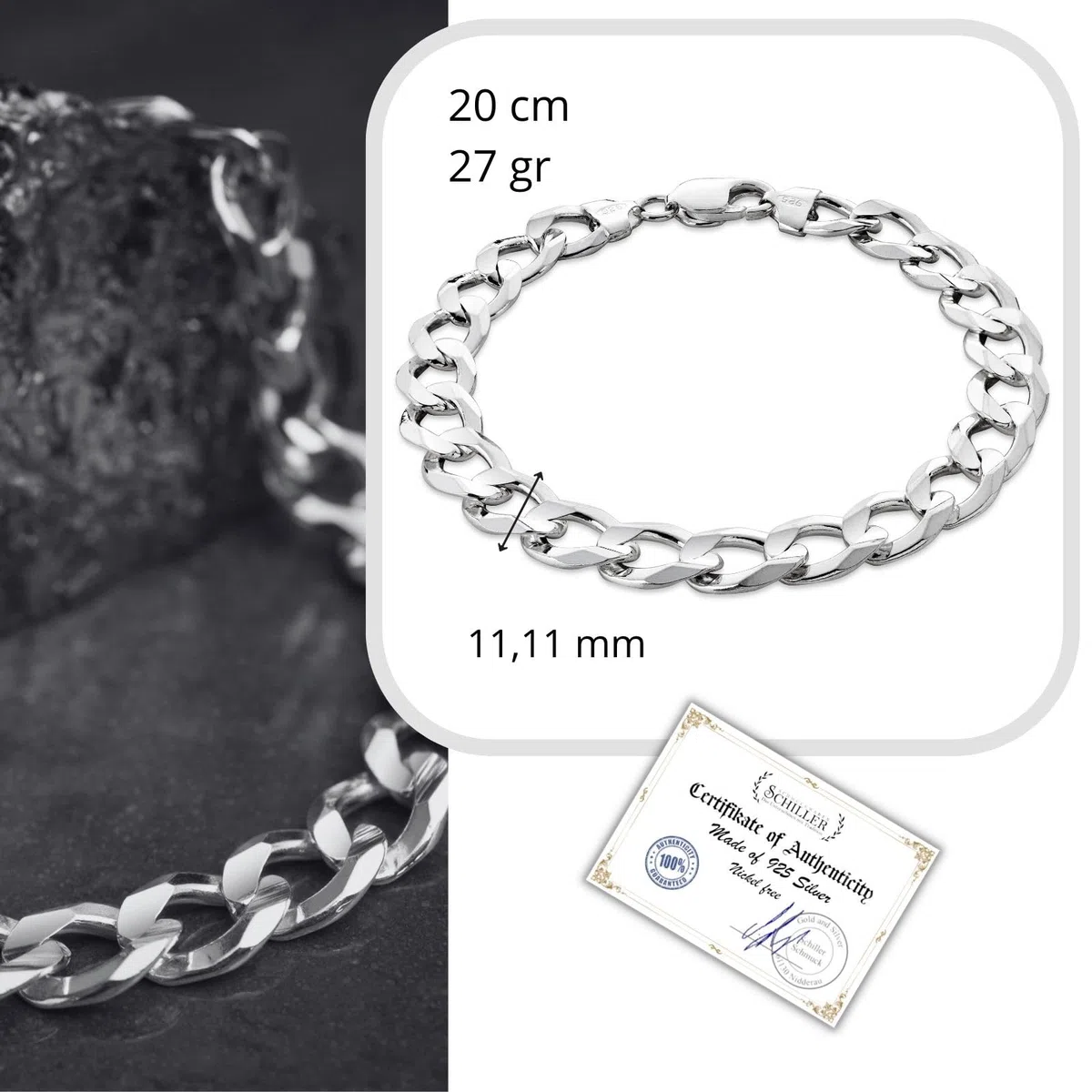 Herren-Armband aus massivem 925 Silber, ideal als Geschenk für Mann oder Freund, mit Schmuckbox
