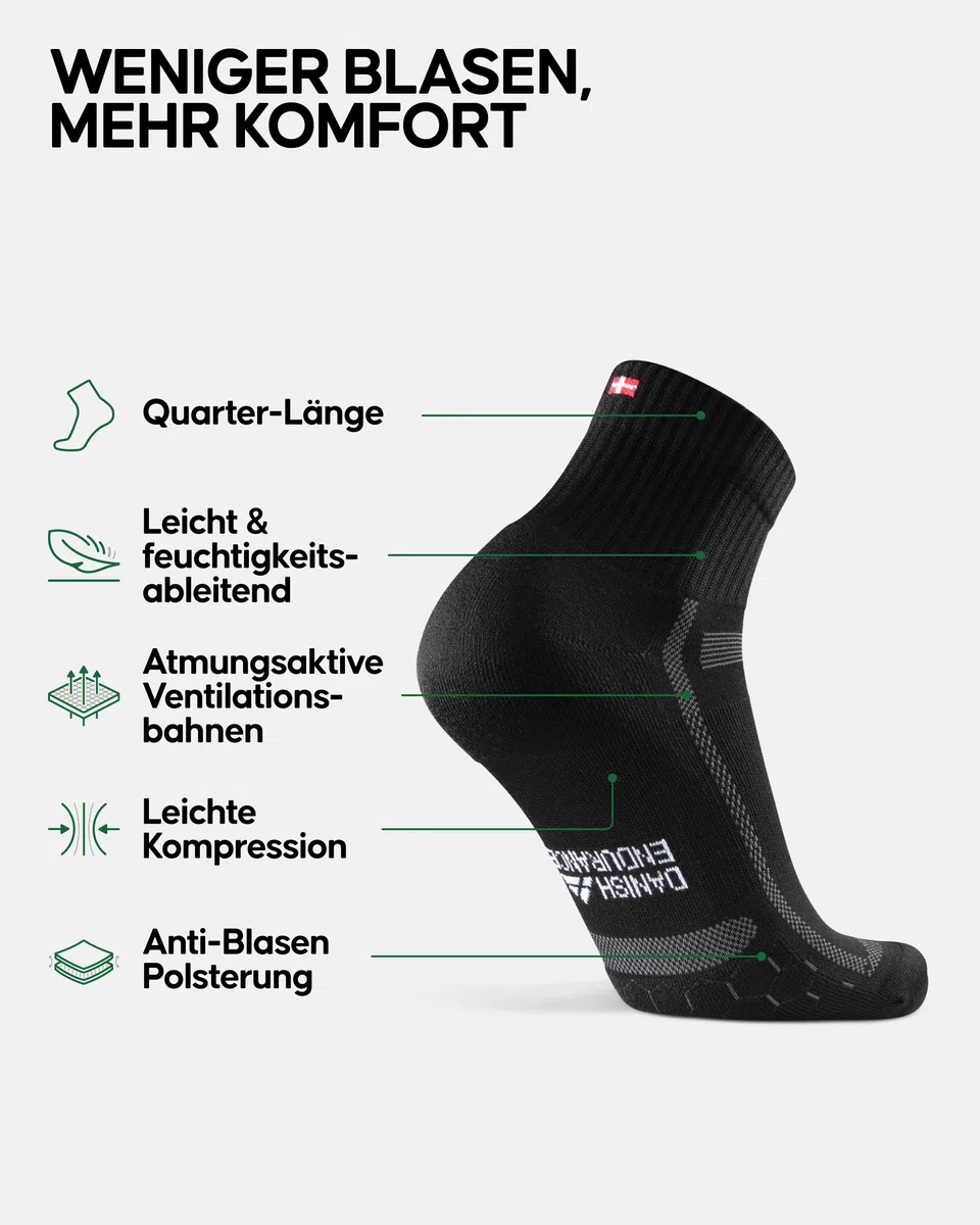 DANISH ENDURANCE Quarter Laufsocken, Knöchelhohe Sportsocken, Atmungsaktive Socken, Leichte Kompression, Gepolstert & Anti-Schweiß, Damen & Herren, 5 Paar