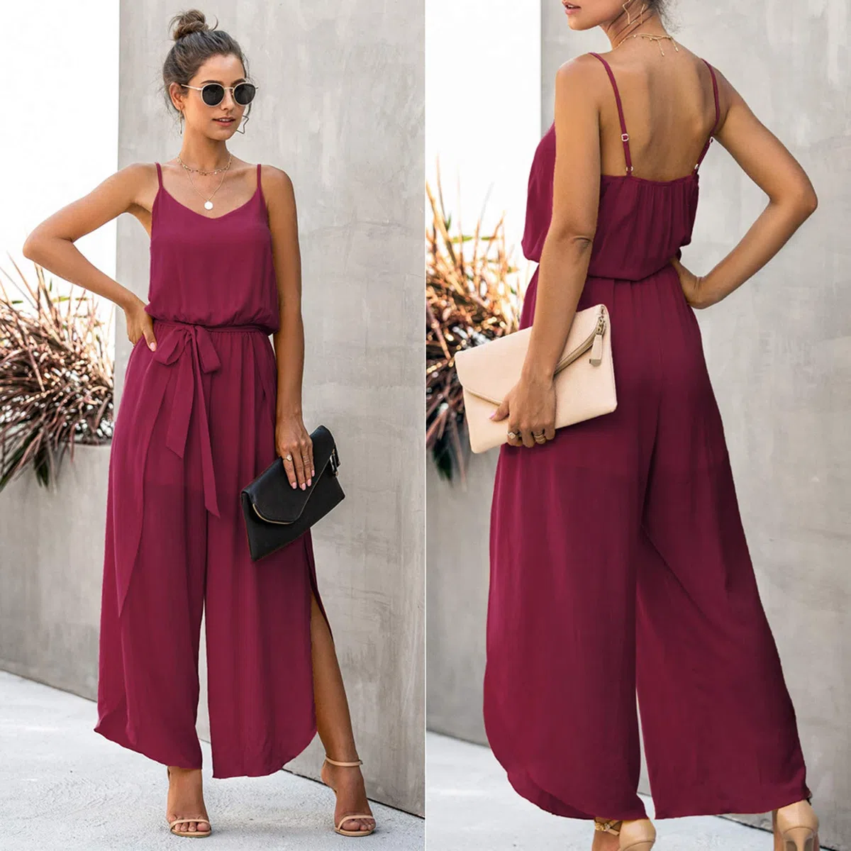ASOMI Jumpsuit Damen Sommer Lang: Sexy Cocktail Elegant Mode Gürtel Overall Hochzeit Hawaii Urlaub Strand V-Ausschnitt Hosenanzug Business Baggy Festlich Spaghettiträger Outfit
