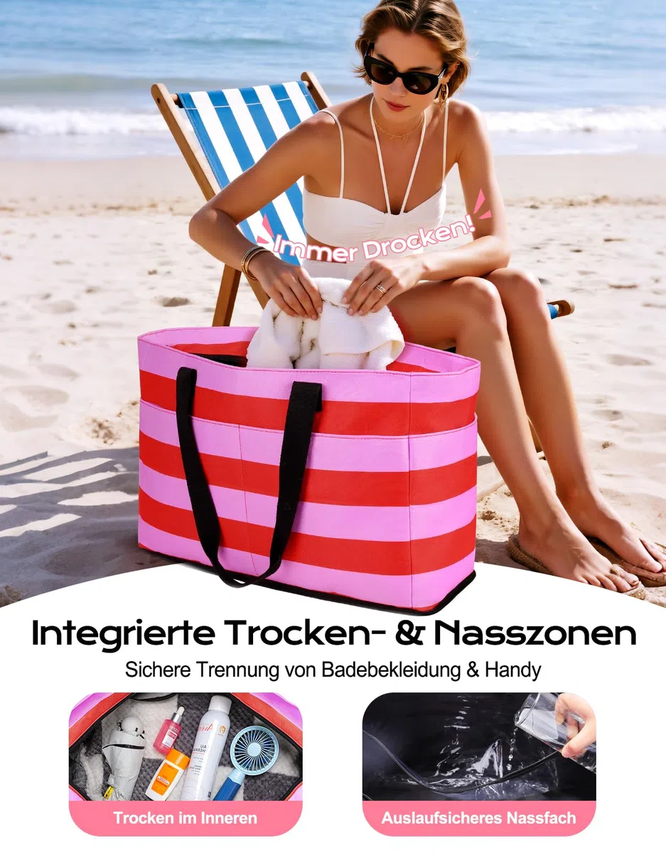 CIRYCASE Strandtasche XXL Familie mit Kühlfach, 54L Große Badetasche Strandtasche mit Reißverschluss & Nassfach, Faltbare Wasserdicht Beach Bag Mädchen Handtasche Shopper Damen für Reisen/Fitness/Pool