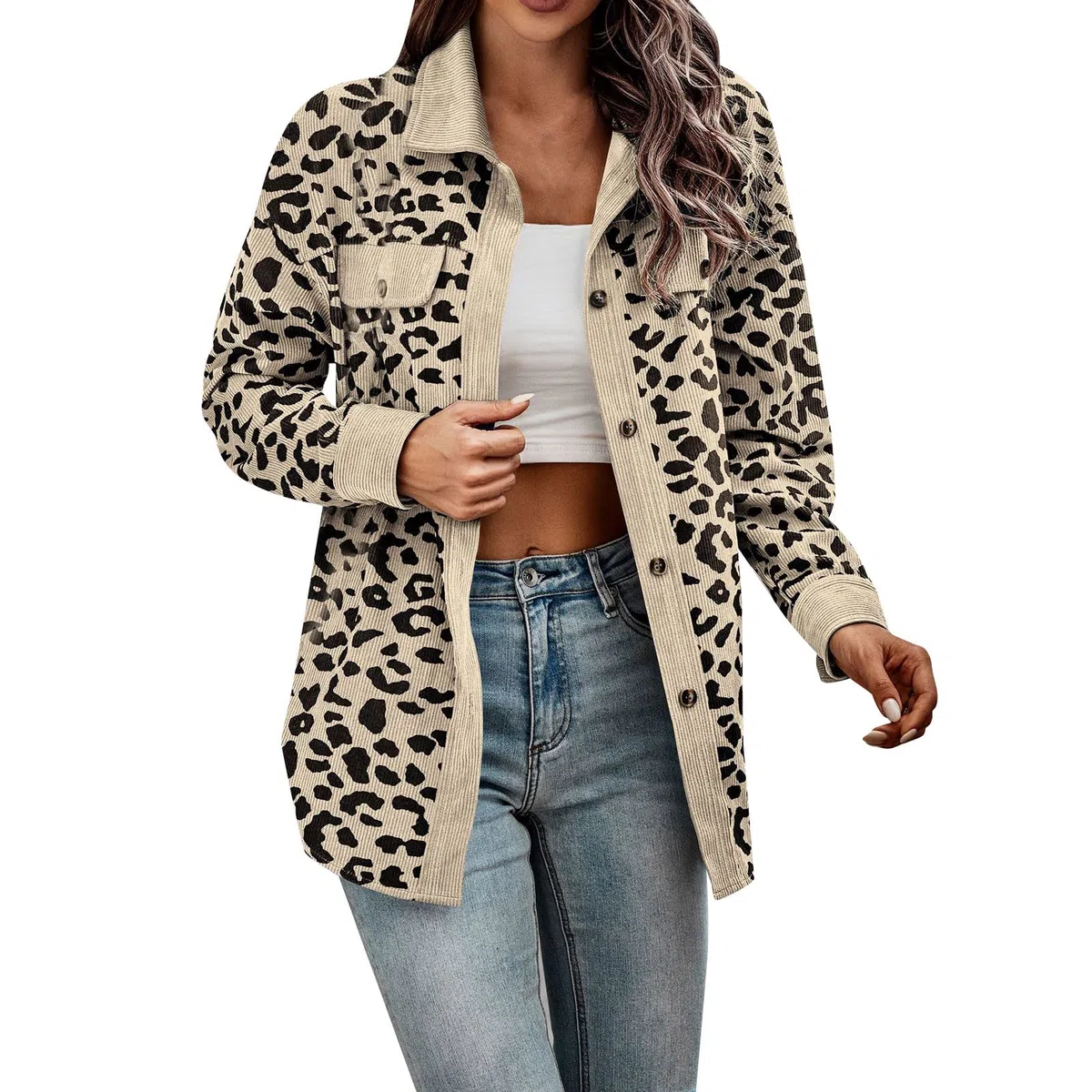 Generisch Damenbekleidung Damen Button-Down-Hemden mit Langen Ärmeln, übergroße Cordhemden mit Leopardenmuster, Lange Ärmel, Jacken, Mäntel mit Taschen Damen Mantel Hochzeit (Beige, L)