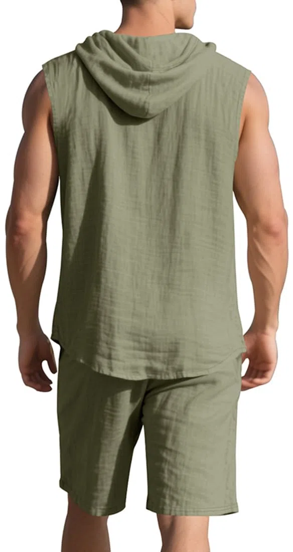 Herren Leinen Ärmelloses Kapuzenset Ärmelloses Oberteil und Shorts Sommer Strand Urlaub Set