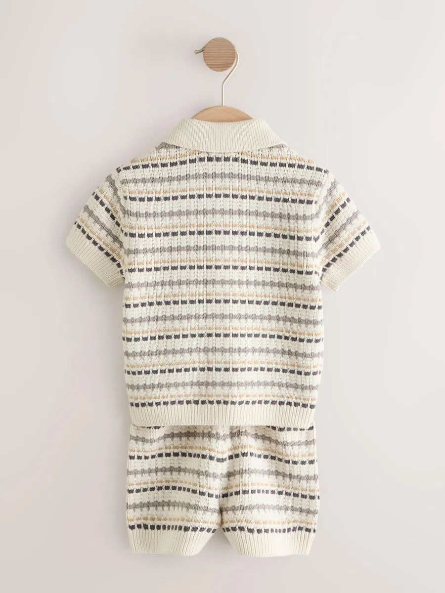 NEXT Jungen Strukturiertes Strick-Poloshirt mit Reverskragen und Shorts im Set