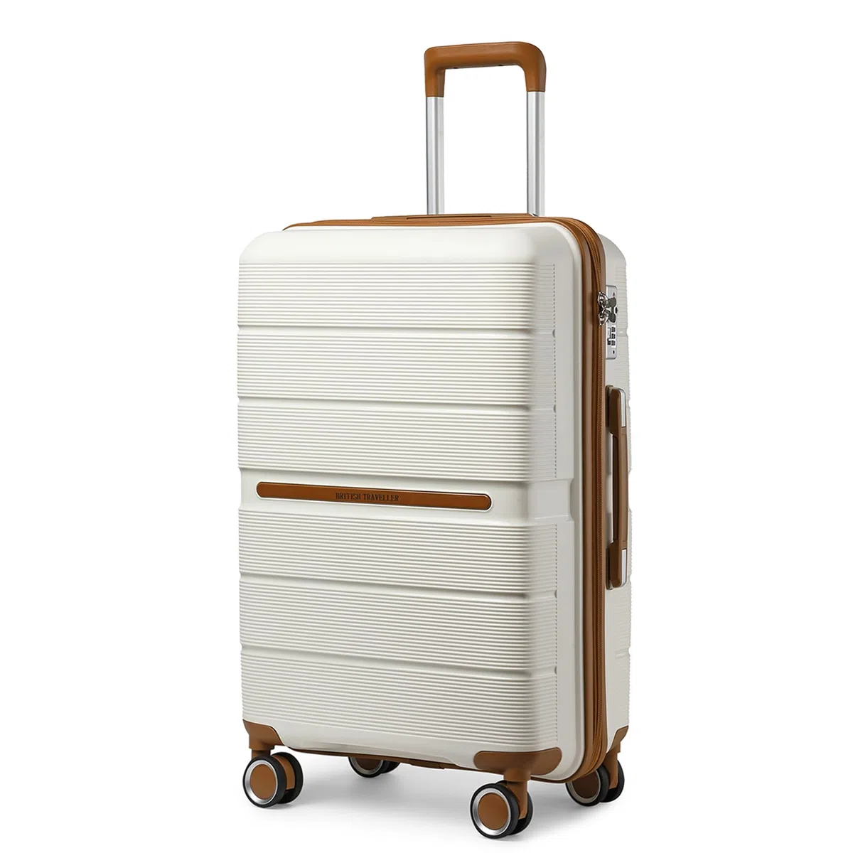 British Traveller Reisekoffer Groß Koffer Trolleys Groß Hartschalenkoffer 100% PP Handgepäck Koffer mit 8 Spinnerräder Rollkoffer 76 * 49.2 * 31cm Suitcase TSA-Schloss Neu Beige