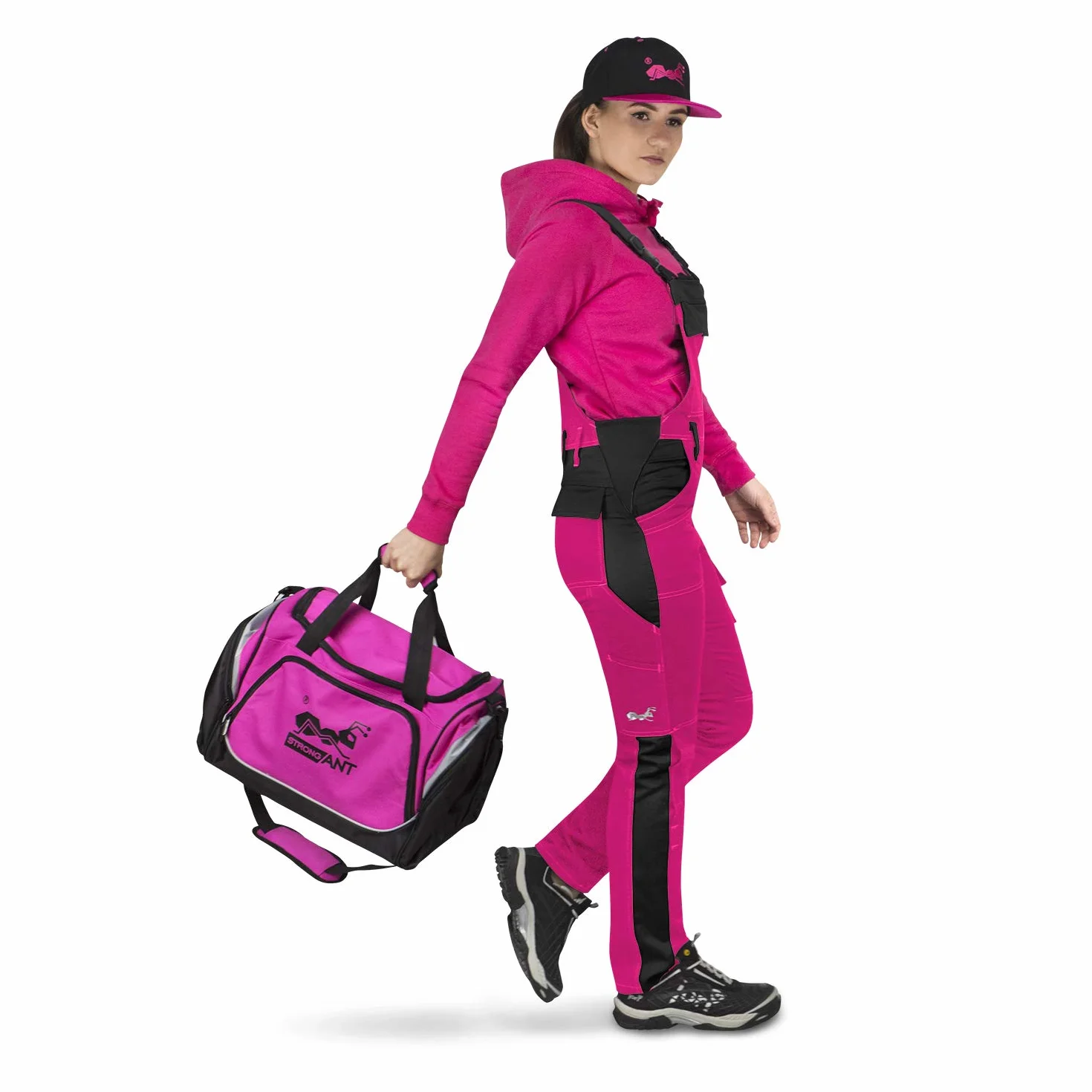 strongAnt Latzhose Damen stretch Arbeitshose für Frauen mit Kniepolstertaschen Baumwolle Cargo Hose Schwarz Grau Pink