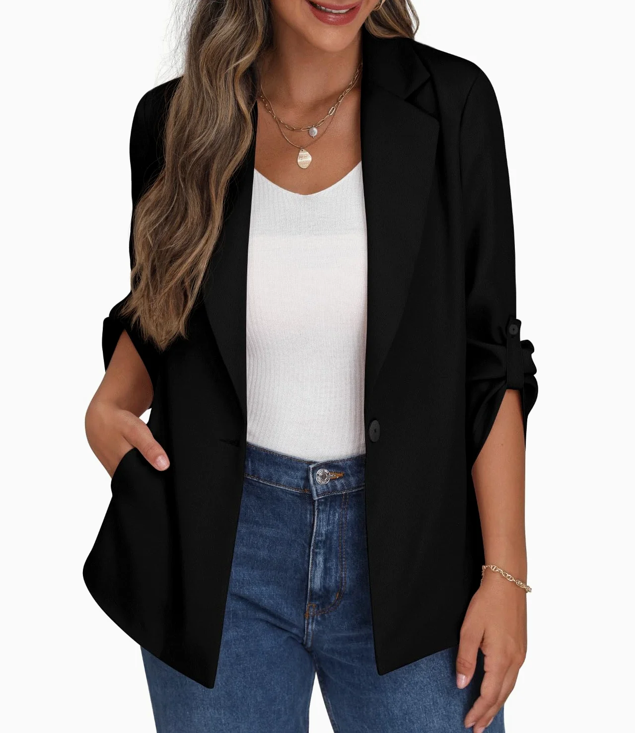 PrinStory Blazer Für Damen Verstellbare Ärmel Longblazer Geschäft Büro Blazer Anzug Sportlich Jack Trenchcoat