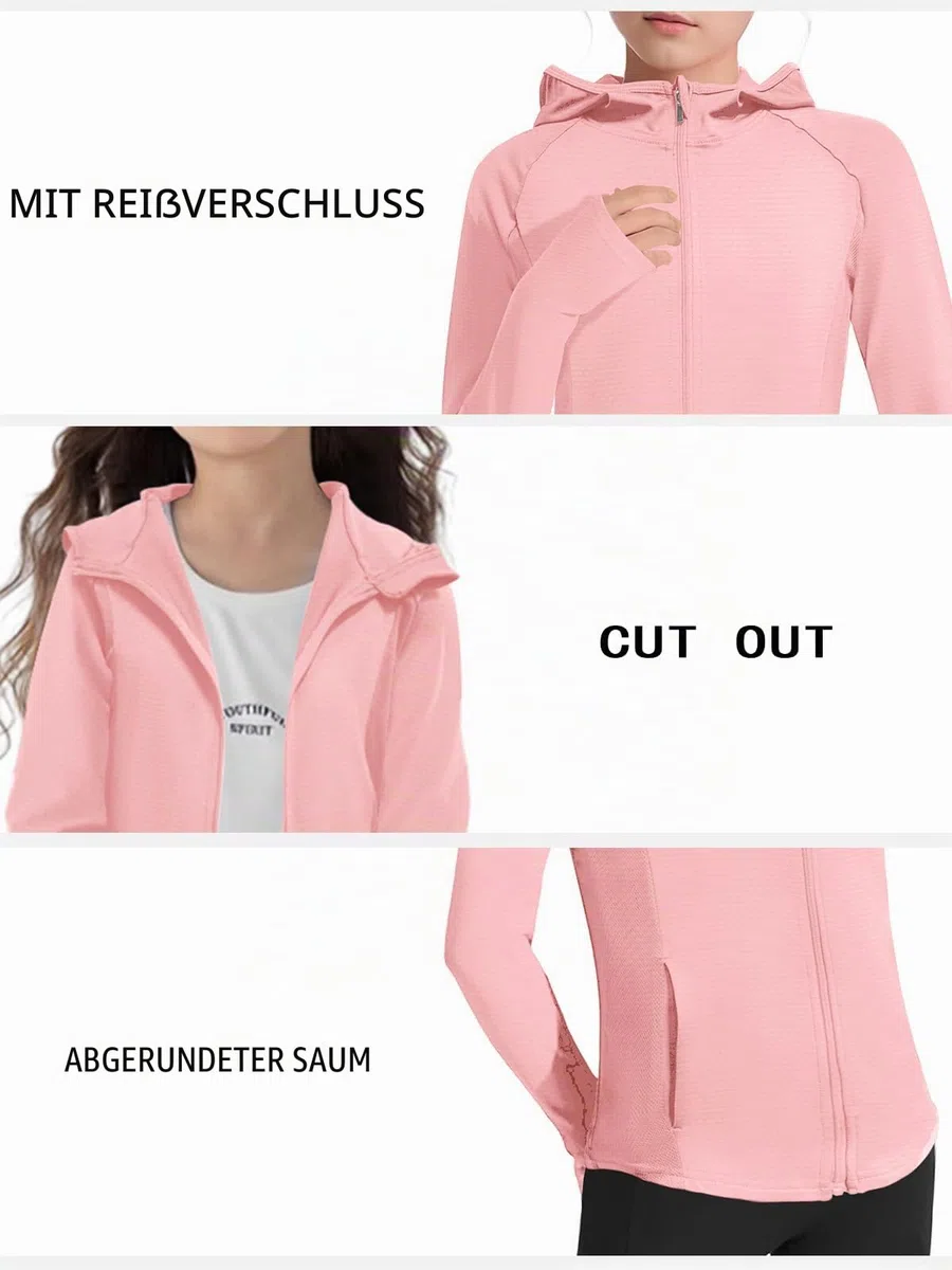 Leichte Jacke für Mädchen, langärmelig, Reißverschluss, athletischer Kapuzenpullover, LSF 50+, Angeln, Wandern, Sonnenschutz