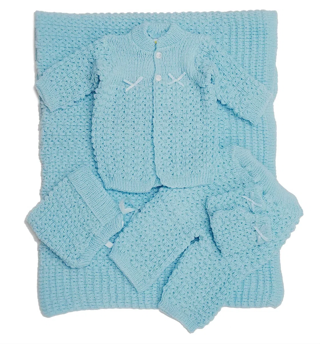 Abelito Häkeldecke für Neugeborene, 5-teiliges Set, Mütze, Schühchen, Pullover, Hose, Blau