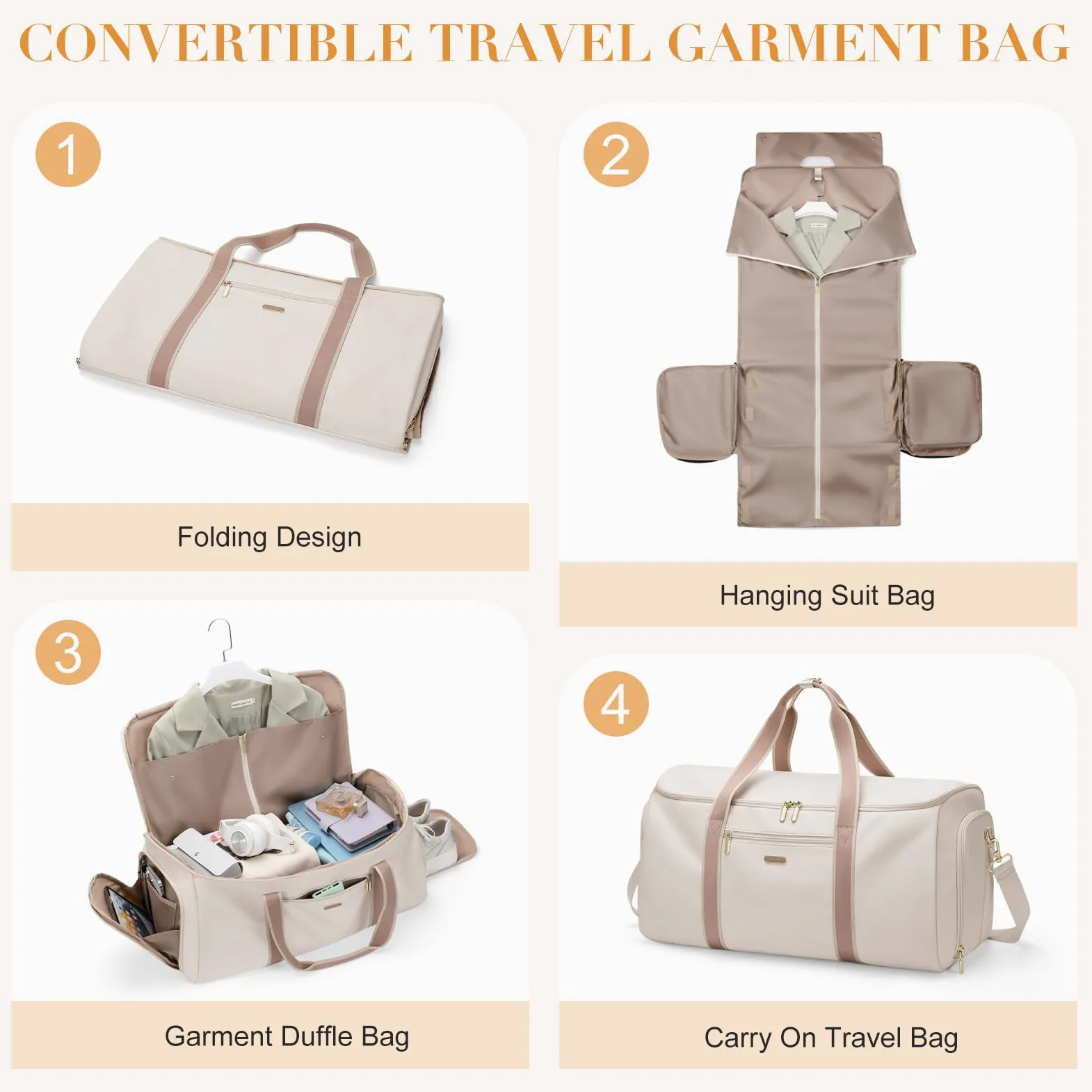 Umwandelbare Kleidersack 2 in 1 Reisetasche Handgepäcktasche für Damen Anzugtasche Reisetaschen für Business, Reisen und Sport (Cremefarben)