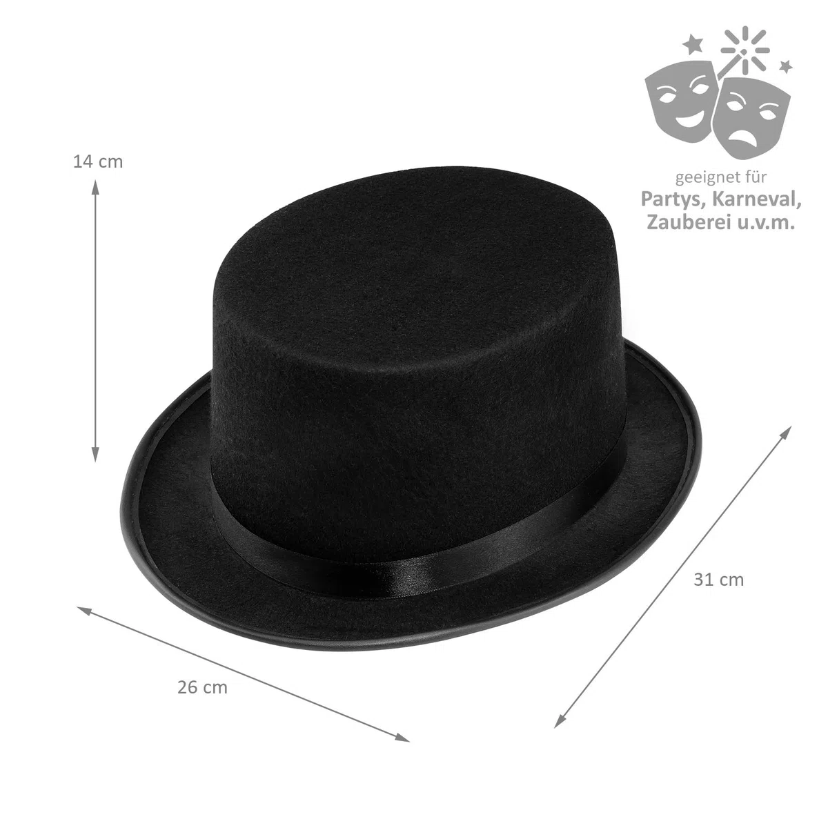 WELLGRO 12x Zylinderhut - schwarz, mit Satinband, für Erwachsene, 31 x 26 x 14 cm (LxBxH)