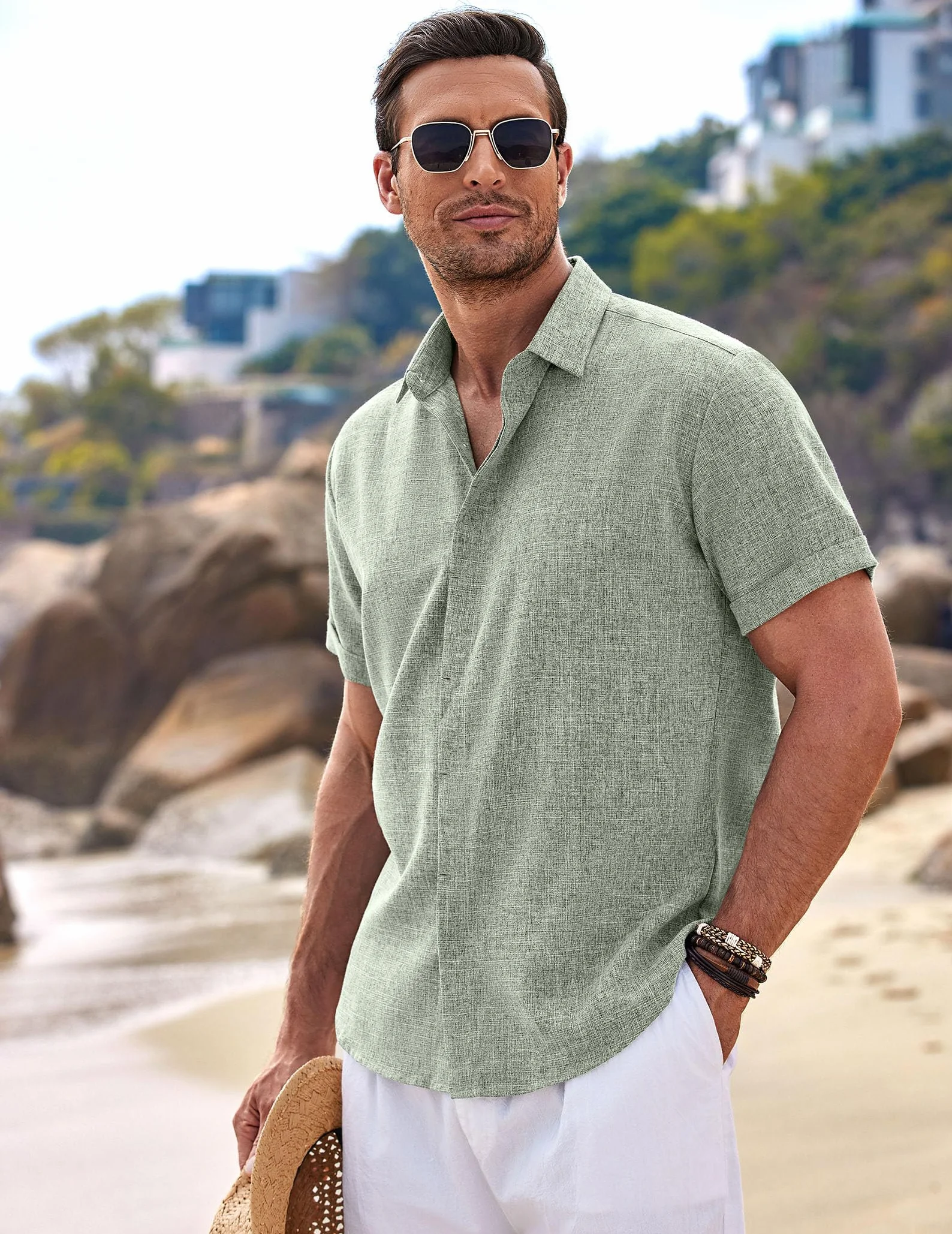 COOFANDY Leinenhemd Herren Kurzarm Hemd Button Down Regular Fit Freizeithemden Sommer Strand Leinen Shirt