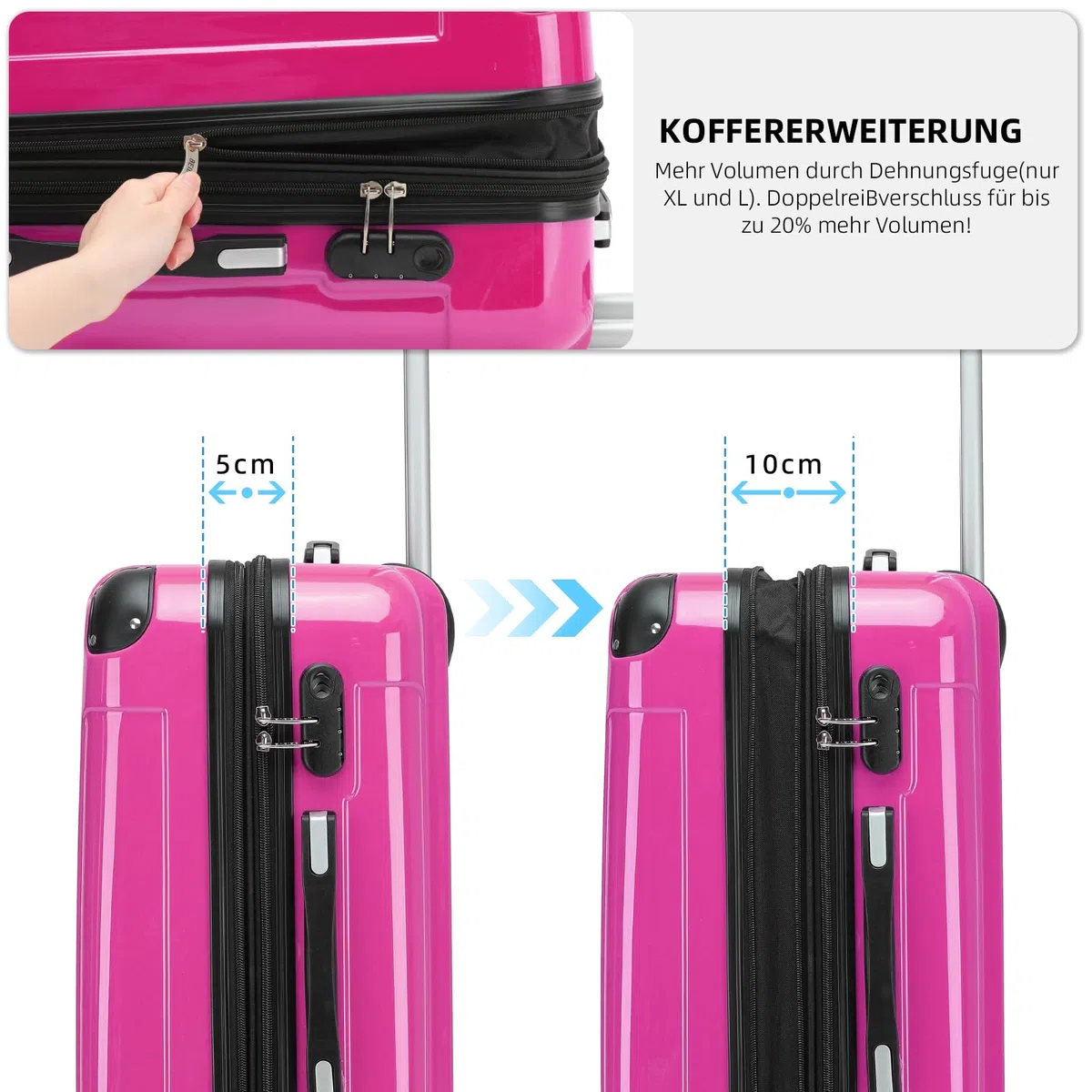 BEIBYE Hartschalen Koffer Trolley Rollkoffer Reisekoffer 4 Zwillingsrollen Polycabonat (Pink, Handgepäck 55cm-40L)