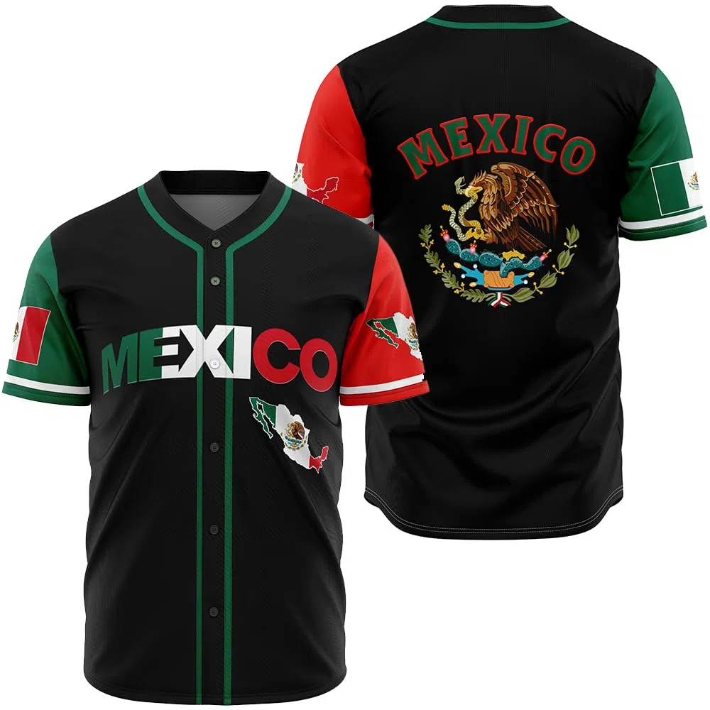 Herren Mexiko Baseball Trikot, Adler Mexiko Baseball Button Down Jersey Shirts, Mexikanische Flagge Baseball Trikots Sportshirt
