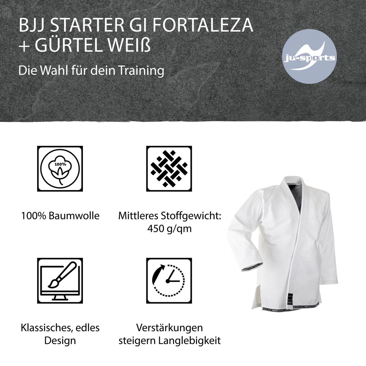 Ju-Sports Fortaleza BJJ Gi Herren weiß + BJJ Gürtel weiß - Leichter & schlank geschnittener Brazilian Jujutsu Anzug für Einsteiger 100% Baumwolle, Verstärkter Kniebereich