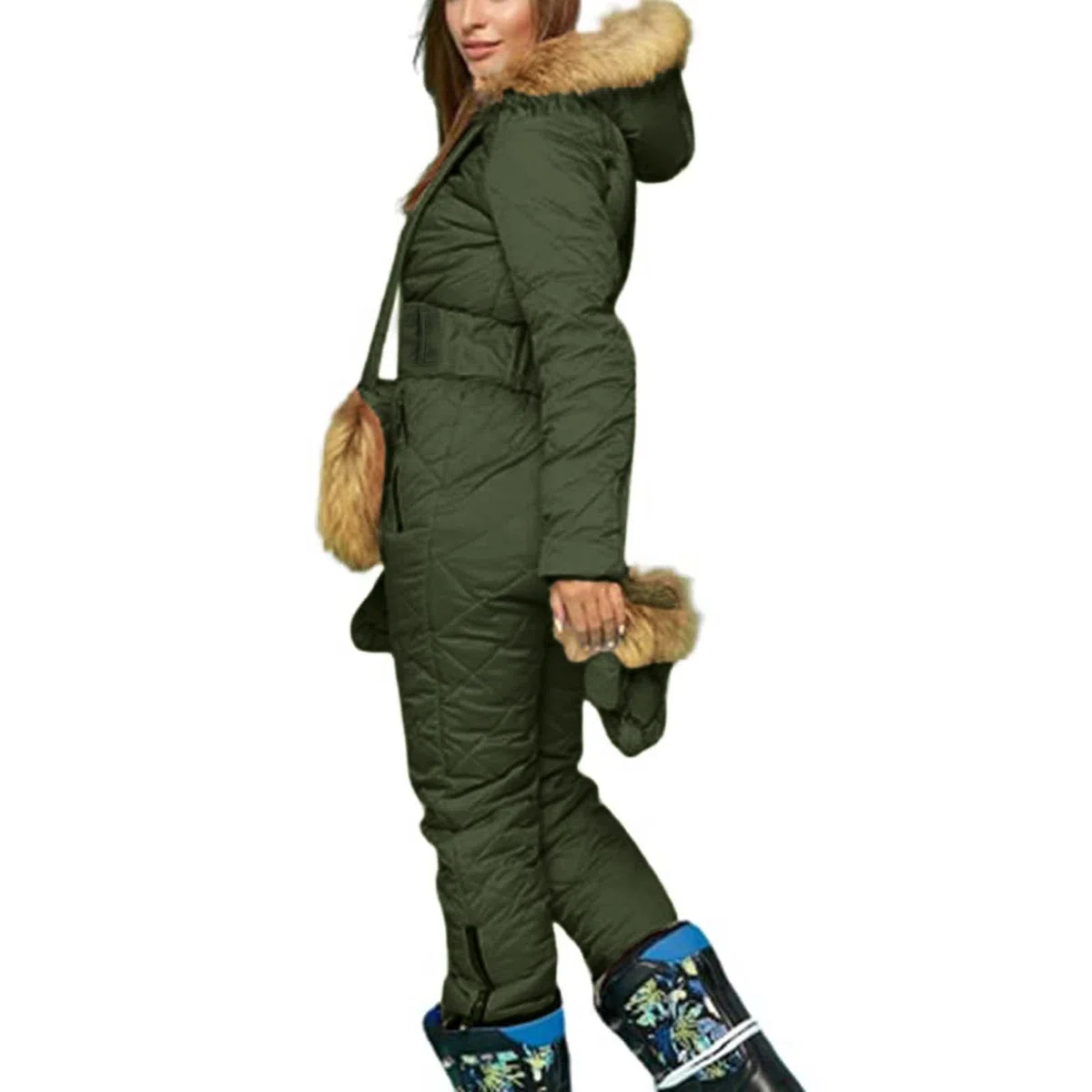 Generisch Skianzug Damen Große Größen Jumpsuit Damen Kuschelig Warm Schneeoverall Schneeanzug + Skihandschuhe + Gürteltasche 3 Teilig Skianzüge Mit Pelzkragen Langarm Skioverall Gerafftes Skijacke