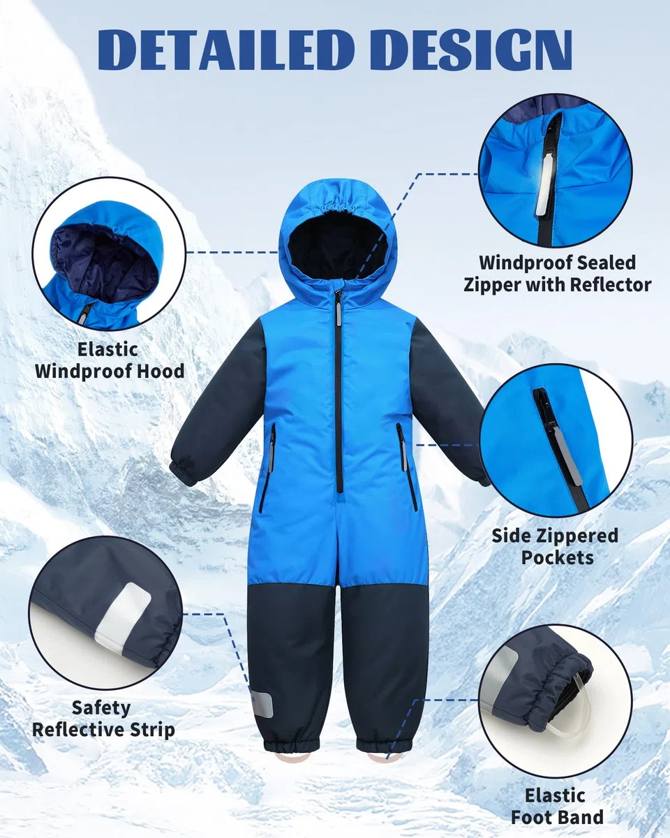 Owntop Schneeanzug Kinder Unisex, Schneeoverall Mädchen Jungen, Winddicht Wasserdicht Skianzug mit Kapuze Reißverschluss (Blau,98)