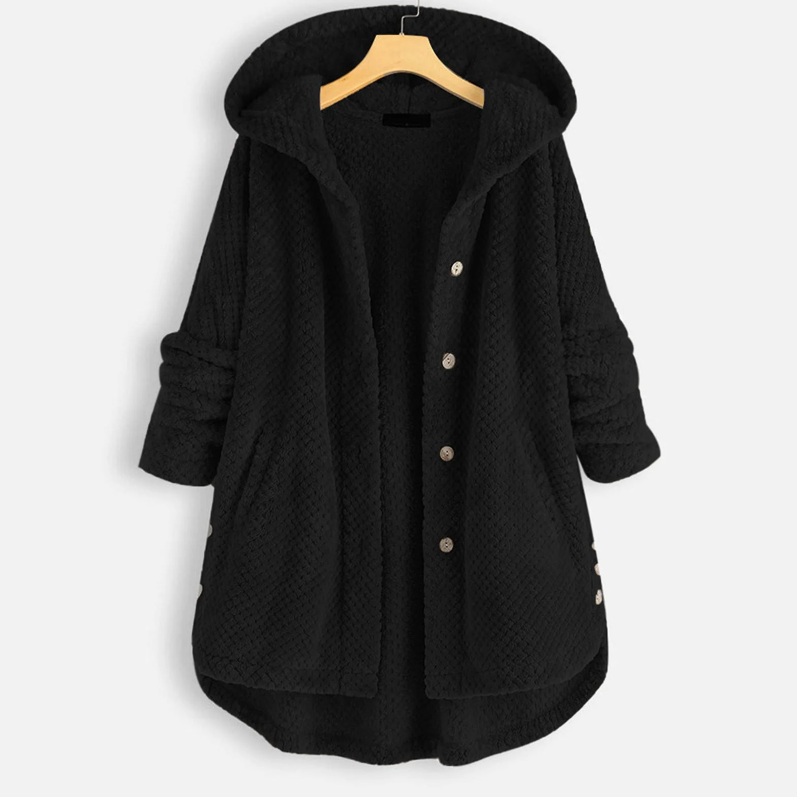 Damen Fleece Mantel mit Lang Plus Größe Unregelmäßige Taschen Knopfverschluss Warme Winterjacke Weicher Übergangsjacke