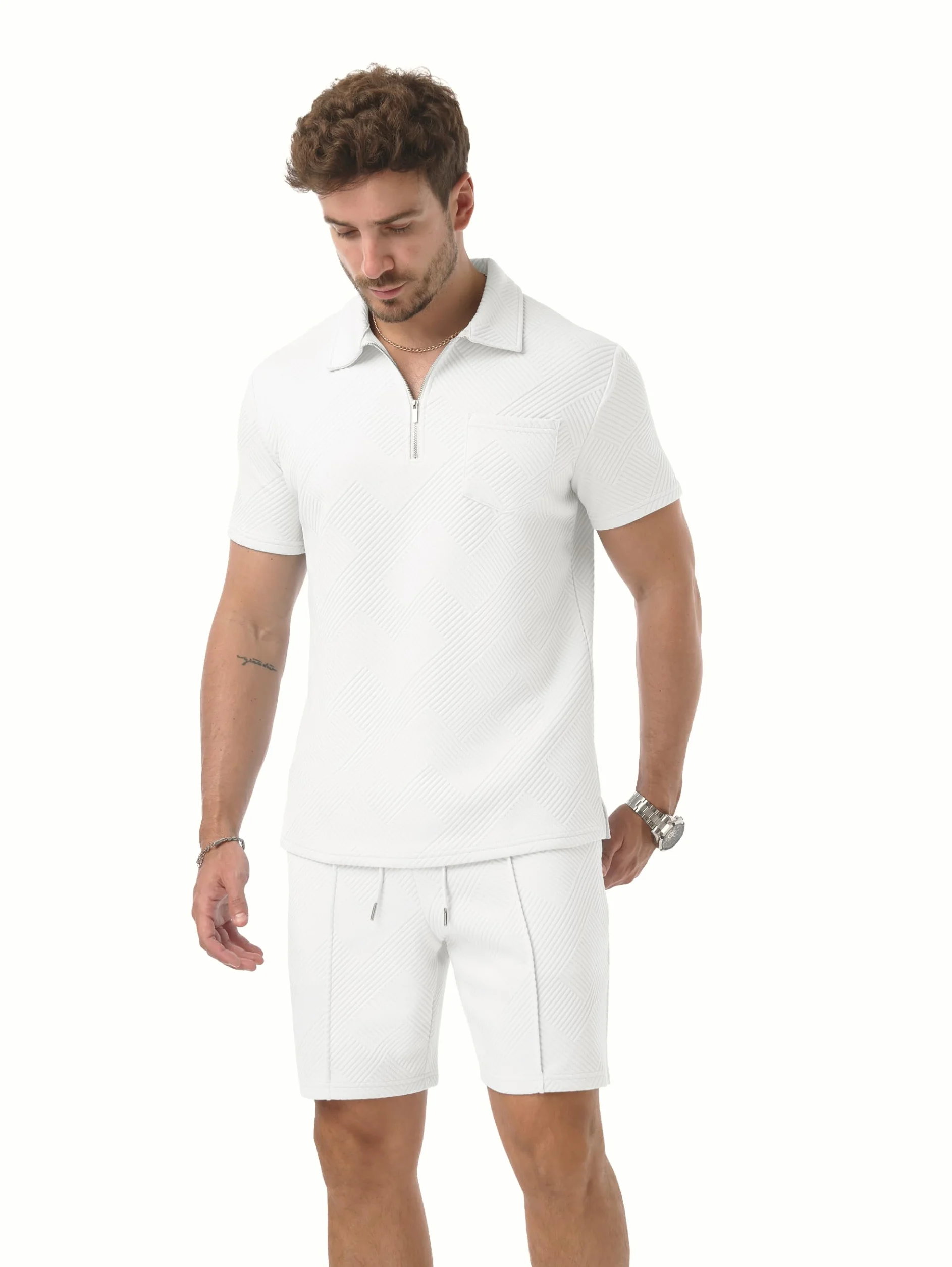 QIXING Herren Sommer Outfit 2-Teiler Polo Hemd & Shorts Set Halbreißverschluss Freizeit Anzug Kurz 2026
