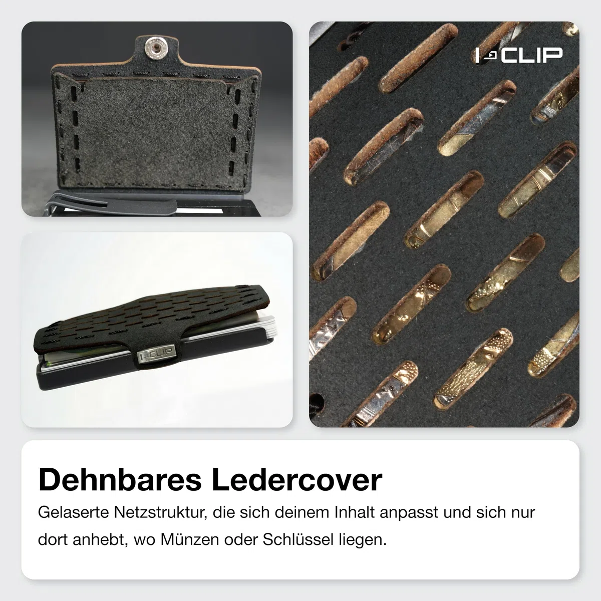 I-CLIP Original Geldbörse mit Münzfach - Slim Wallet - Leder Geldbörse mit Geldklammer - Schwarz mit schwarzem Rahmen