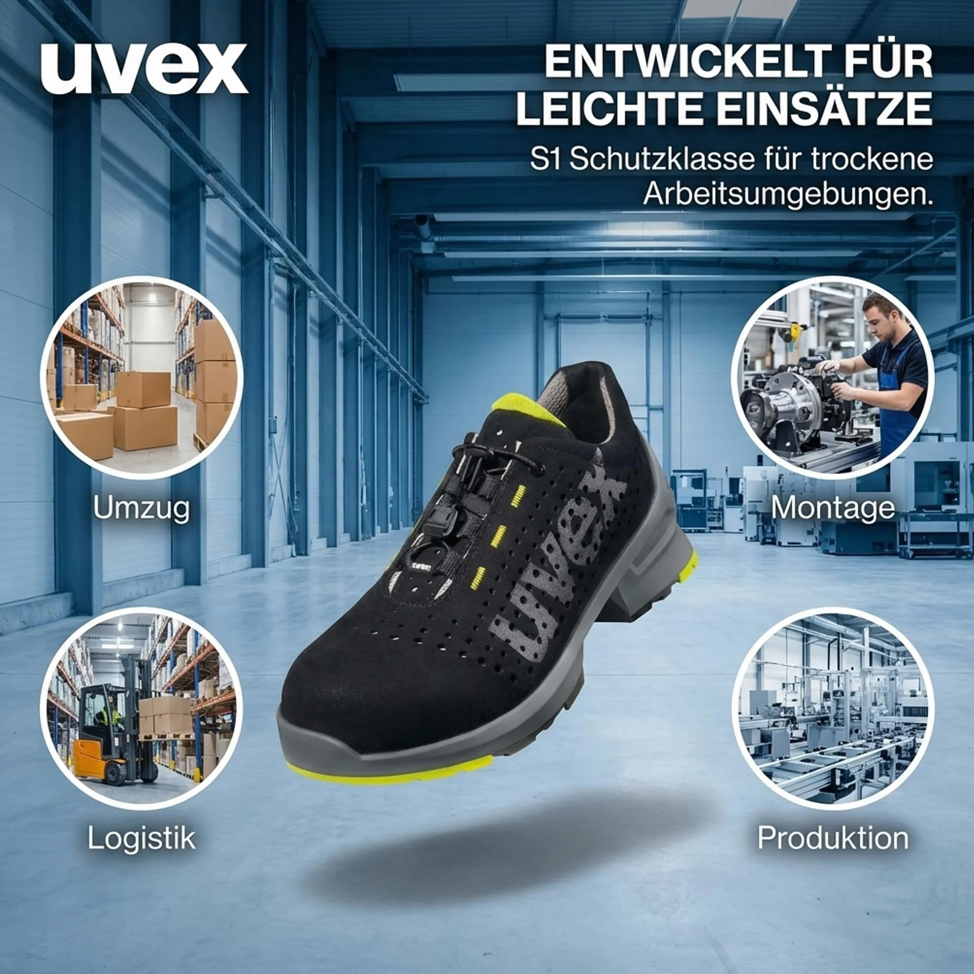 Uvex 1 S1 Sicherheits-Halbschuh gelocht - metallfrei, atmungsaktiv, ESD Arbeitsschuh, Rutschhemmende PU-Sohle SR, schwarz/Lime - W11