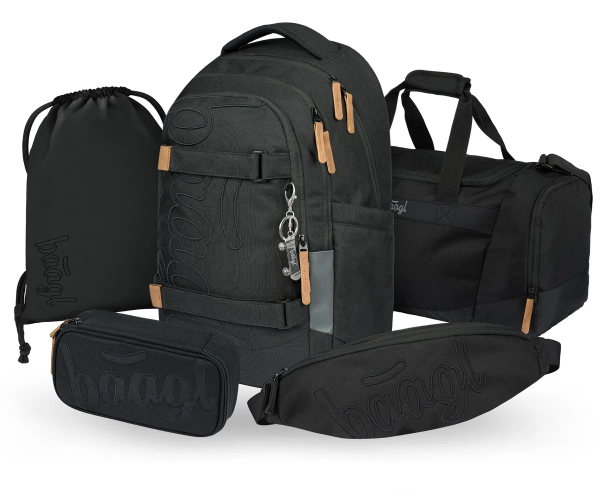 Baagl Schulrucksack Set Jungen Mädchen 5 Teilig 30 l - Darkness | Skateboard Rucksack für Teenager hat ein ergonomischer Schulranzen System, eine Bauchtasche und ein Laptopfach für Schule.