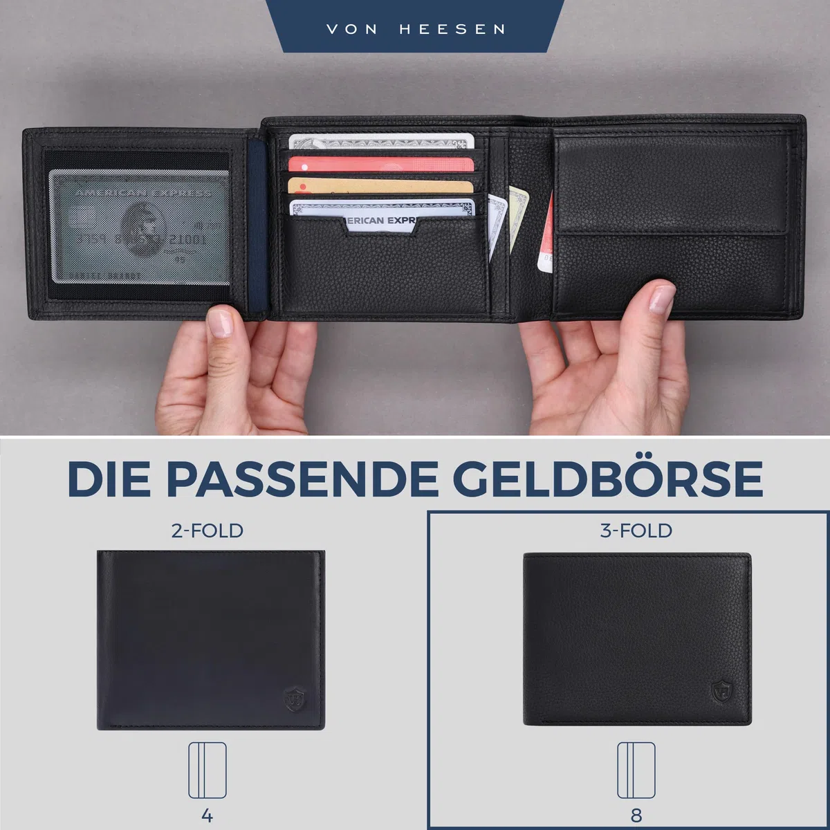VON HEESEN Leder Geldbörse Herren mit RFID Schutz I Echtleder Geldbeutel für Männer I Münzbörse Portemonnaie Brieftasche Wallet Portmonee (Schwarz)