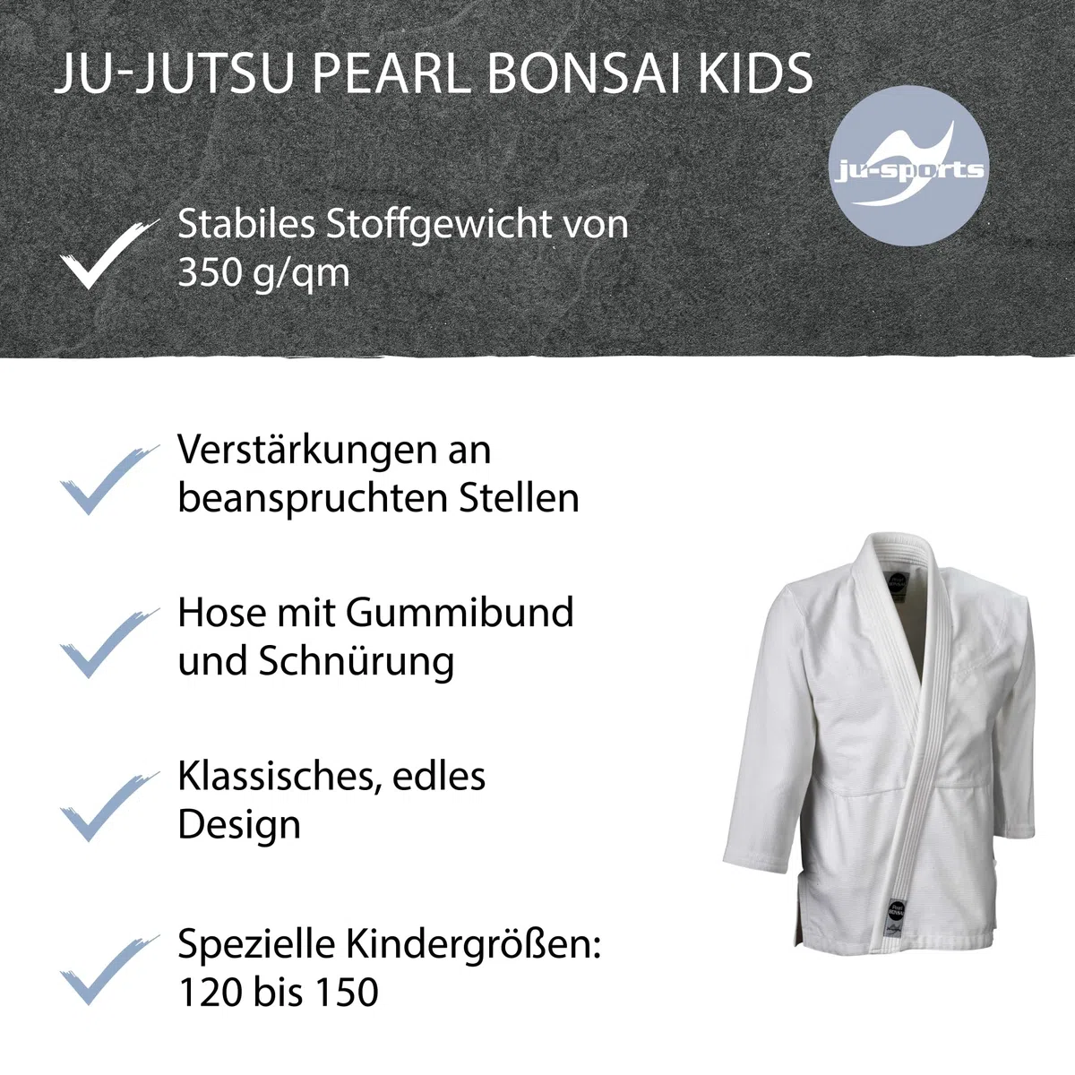 Ju-Sports Ju-Jutsu Pearl Bonsai Kids I Leichter, schlanker Brazilian Jujutsu Anzug speziell für Kinder I BJJ Gi mit hochwertigem Finish I 100% Baumwolle