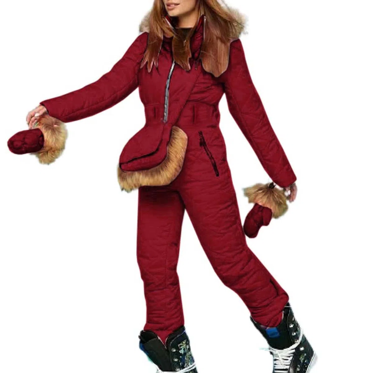 generisch Winterjacke Damen Reiten Damen Winter Ski Overall Outdoor Sport Schneeanzug Kunstwolle Kragen Mantel Overall mit Hoodies Ski Jacken und Hosen Damen Winterjacke Schwarz