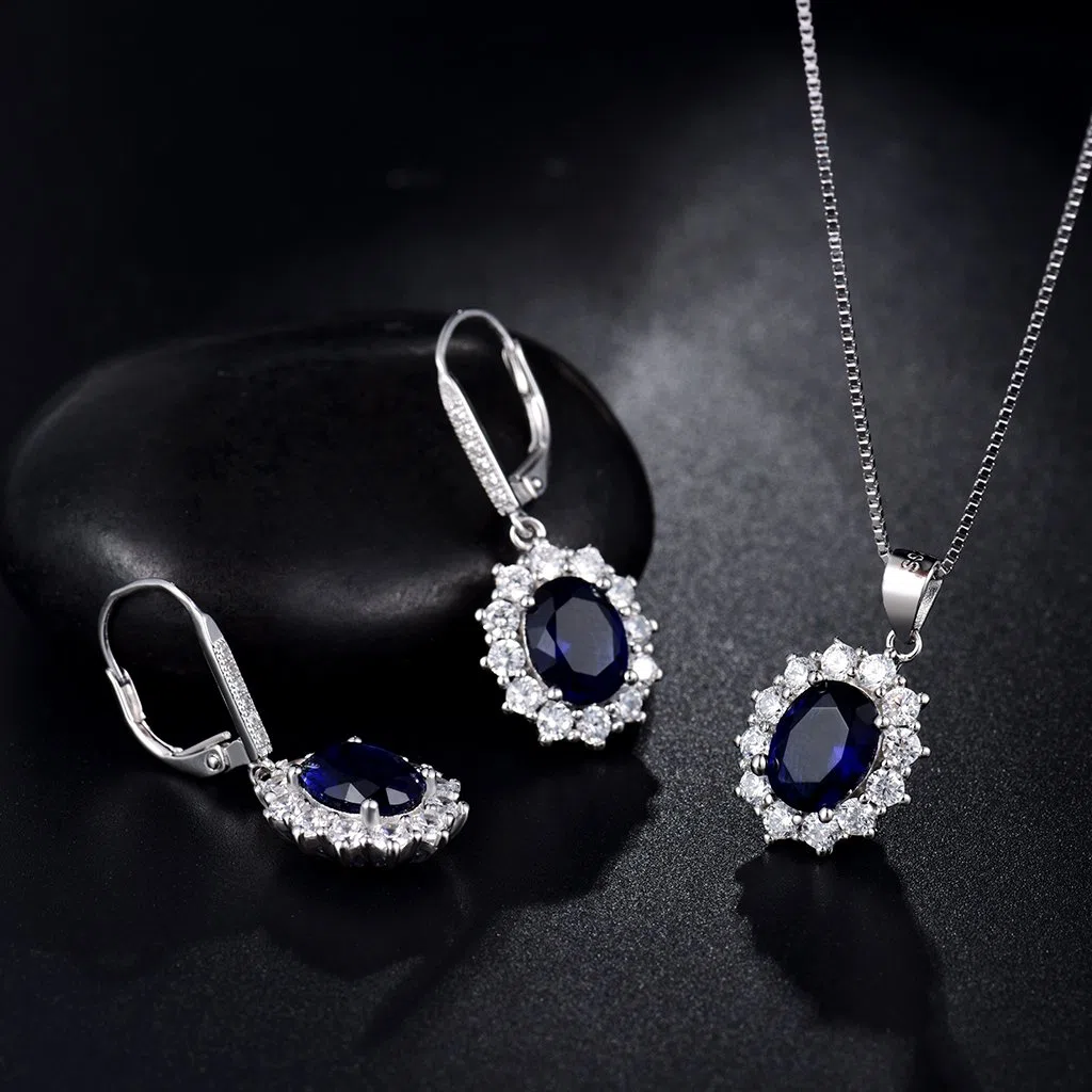 MASOP Silber Damen Schmuck Set, 925 Sterling Silber Saphir Schmuckset, Silber Blau Halskette und Ohrringe Set, Oval Anhänger mit 45 cm Damen Halskette & Ohrhänger, Prinzessin Diana Luxus Schmuck