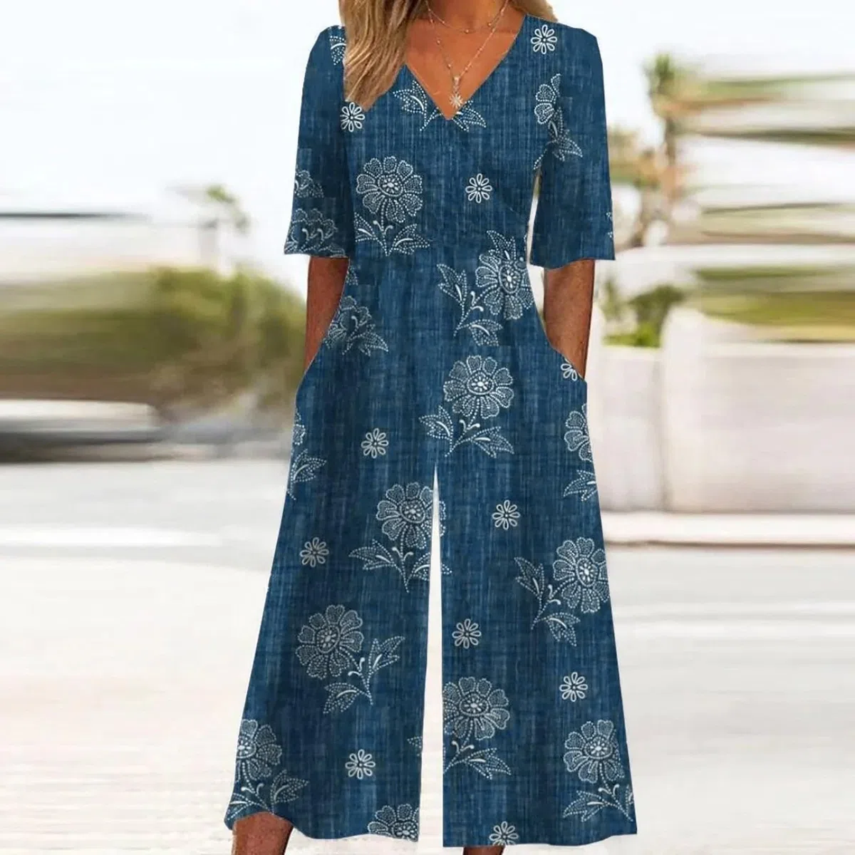 Damen Jumpsuit Boho Style V-Ausschnitt Halbarm Bequeme Freizeit Overalls Weite Hose Mit Tasche Elegante Einteiler Sommer