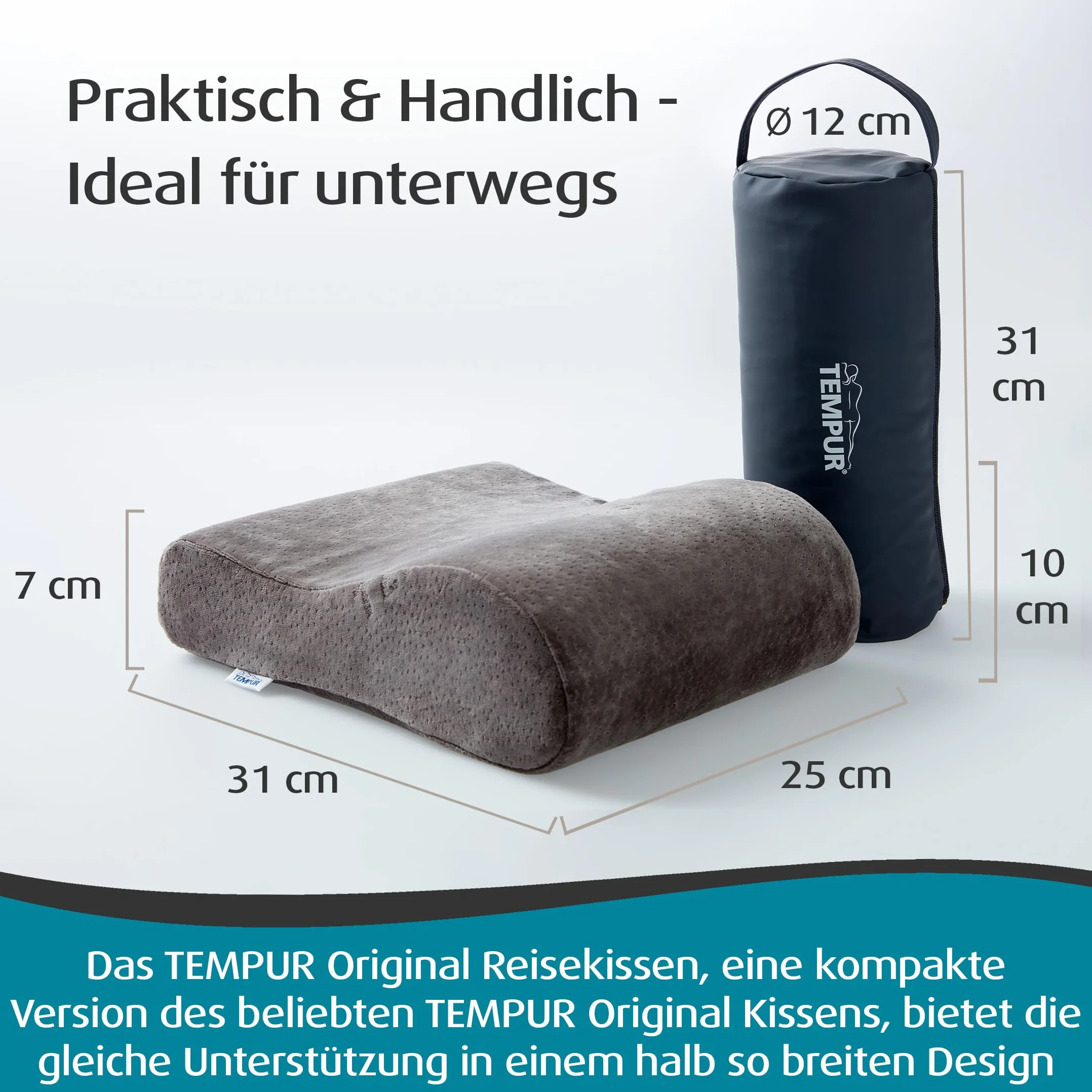 TEMPUR Reisekissen Memory Foam, ergonomisches Reise-Nackenkissen inkl. Tragetasche, Anthrazit, Größe 25 x 31 x 10/7 cm