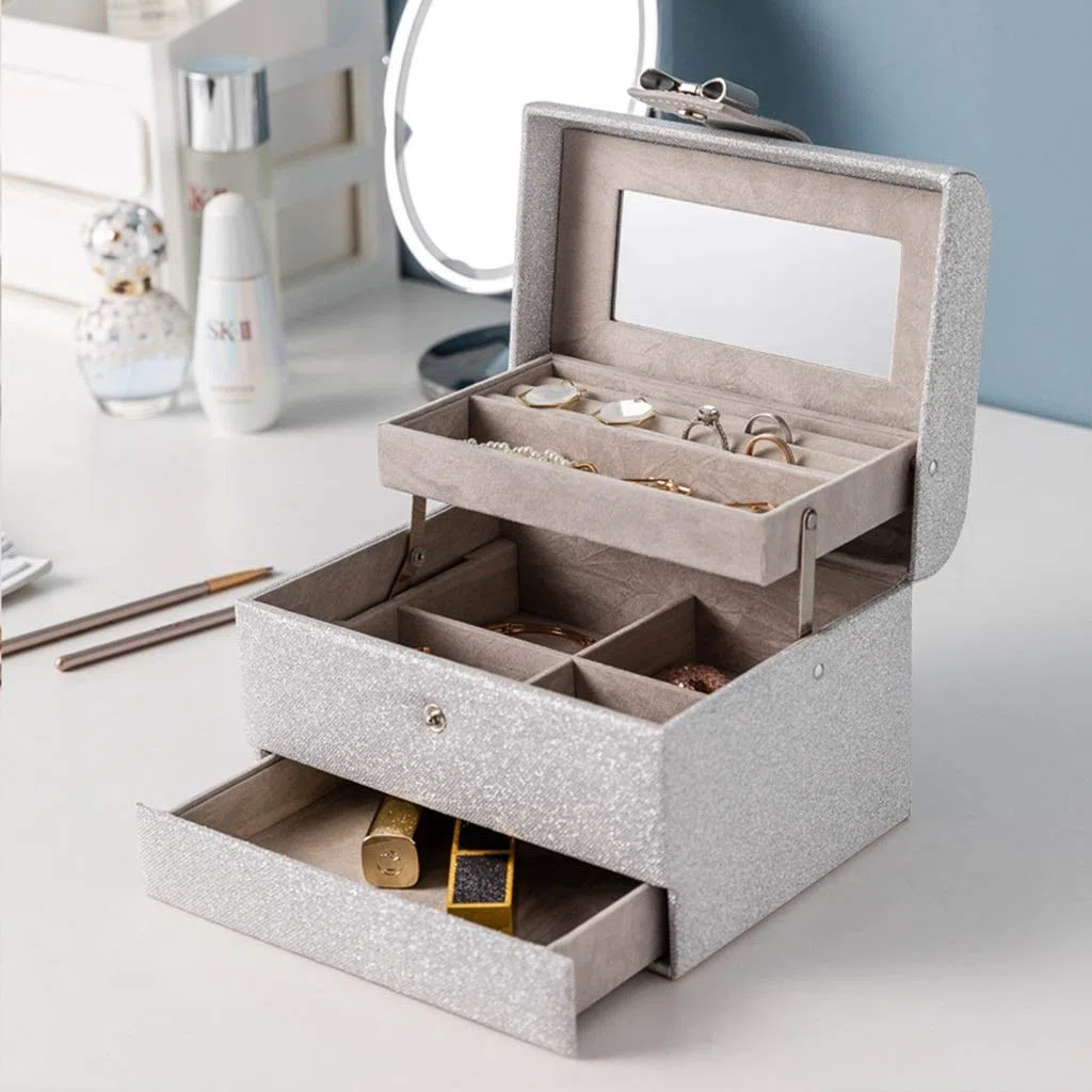 schmuckkästchen Schmuckkiste 3 Schicht Tragbare Schmucksachen Organizer Box Große Kapazität Schmuck Aufbewahrungsbox Pu. Leder Schmuckhalter Silber Mädchen und Damen