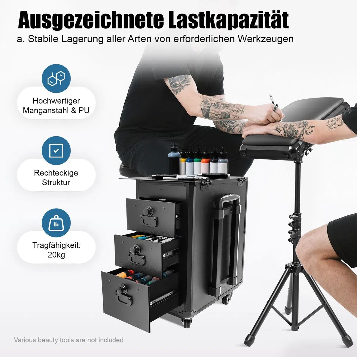 Kosmetikkoffer Trolley mit 3 Schubladen, Beauty Case für Make-up & Friseur | Höhenverstellbarer Trolleygriff & Universalrollen, Integriertes Zahlenschloss für mehr Sicherheit, 20 kg Tragkraft