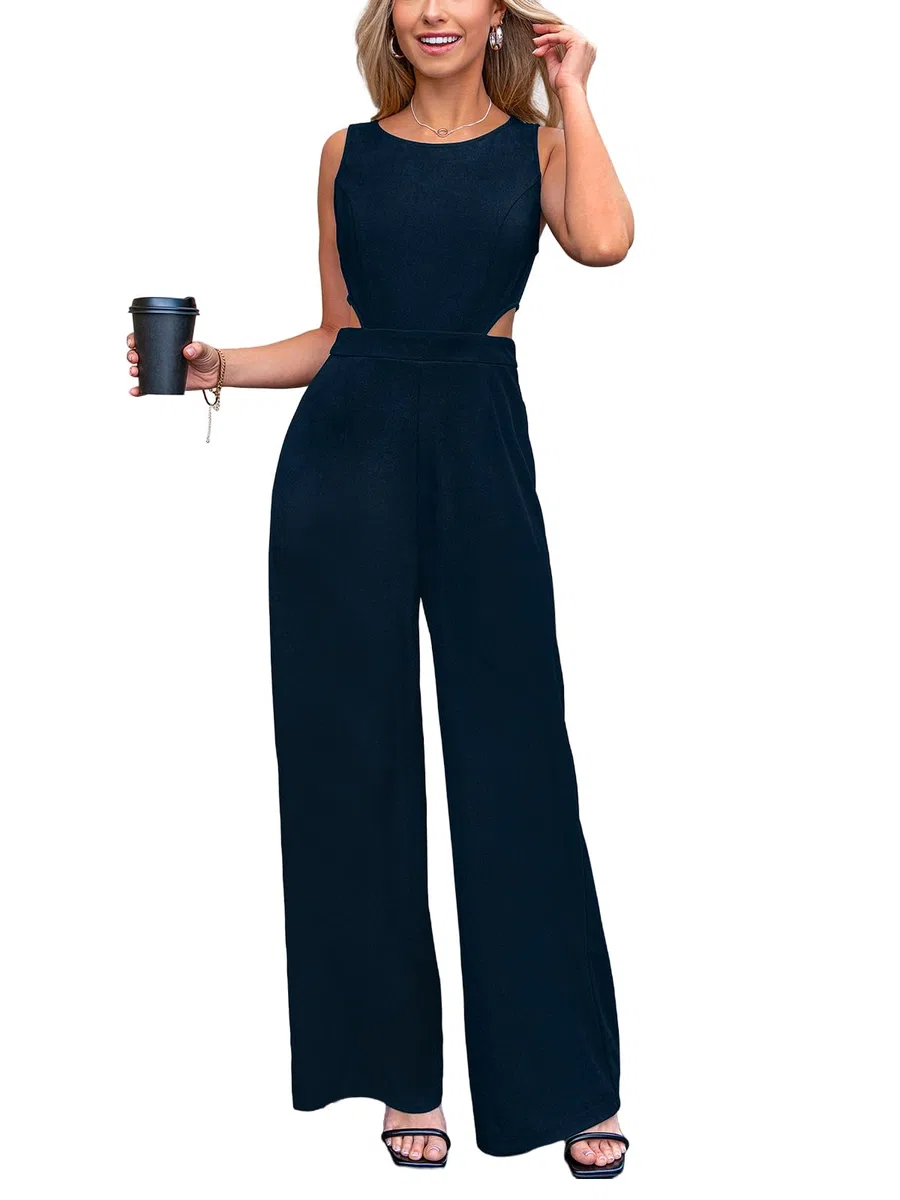 CUPSHE Damen Jumpsuit Cutout Rundhals Ärmellos Overall Rückenfrei Weites Bein Lang Playsuit Elegant Büro Hosenanzug