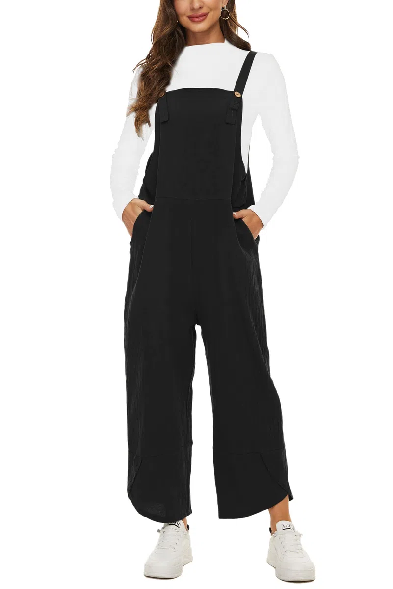 VEVESMUNDO Damen Latzhose Sommer Baggy Baumwolle Lang Elegant Retro Loose Breite Beine Jumpsuit Playsuit Overall Dungarees Hosen mit Taschen 34 36 38 40 42 44 46 48 50