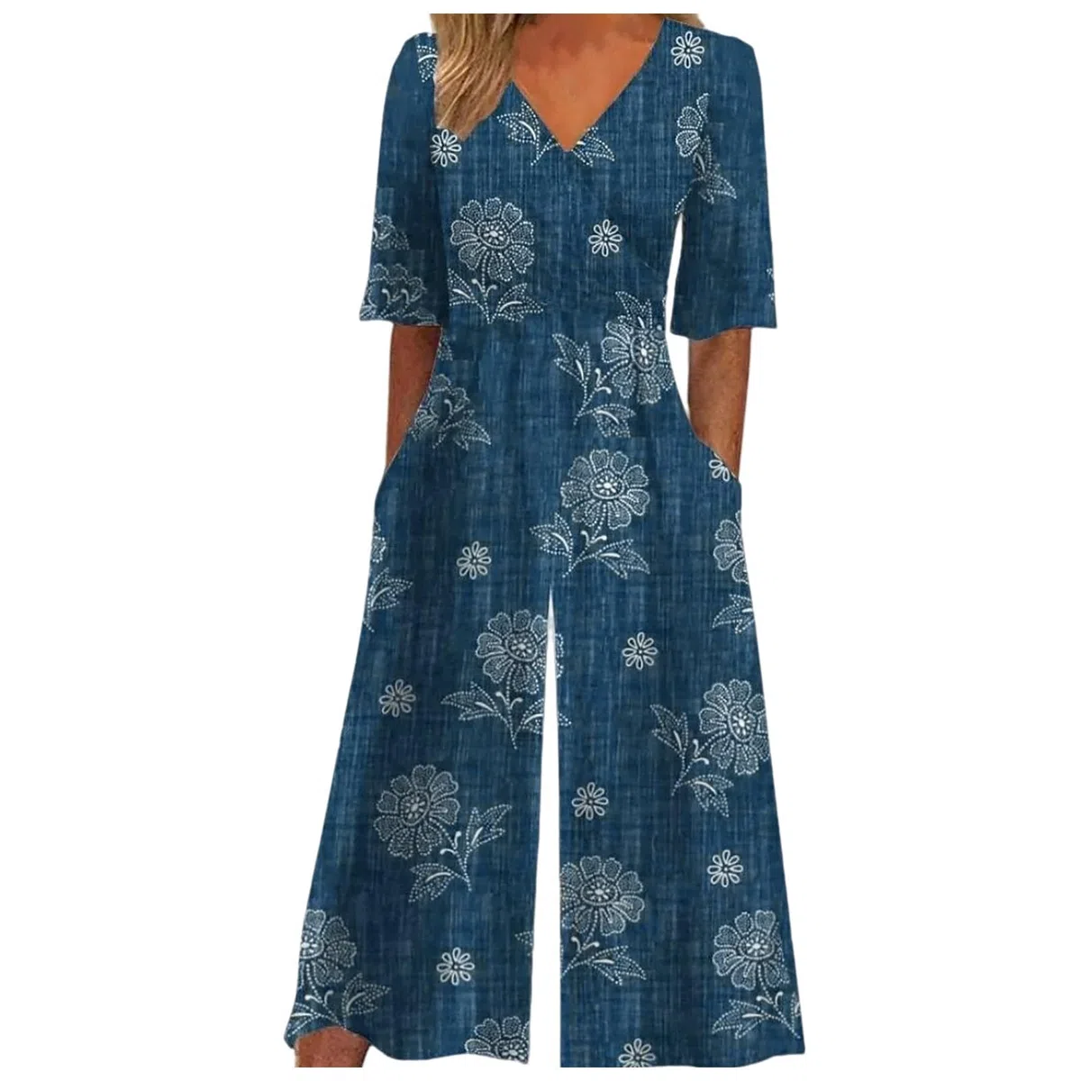 Damen Jumpsuit Boho Style V-Ausschnitt Halbarm Bequeme Freizeit Overalls Weite Hose Mit Tasche Elegante Einteiler Sommer