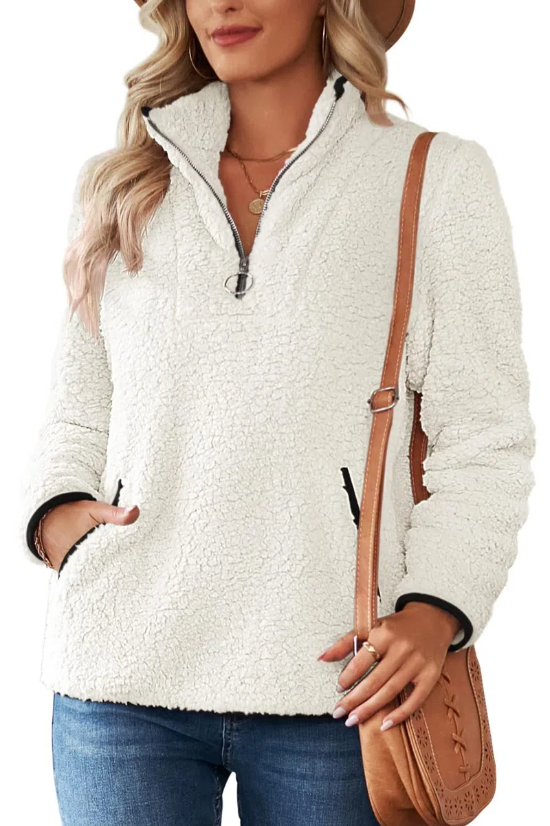 Pullover Damen Fleecepullover Teddyjacke Teddy Flauschiger Teddyfleece Jacke Kuschelpullover Winterjacke Fleecejacke Plüschjacke Kuscheljacke Kapuzenpullover Winter Mit Taschen Top