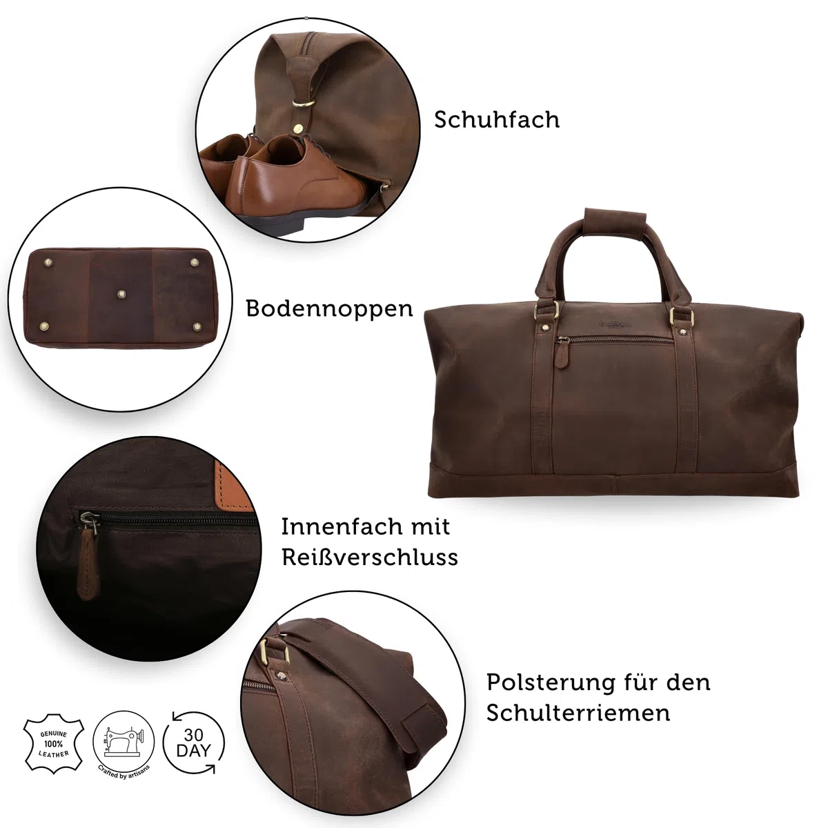 Gusti Leder Weekender Herren Ruben - Reisetasche Herren aus Echtleder in Braun - 36 L Vintage Sporttasche für Kurztrips & Wochenendausflüge