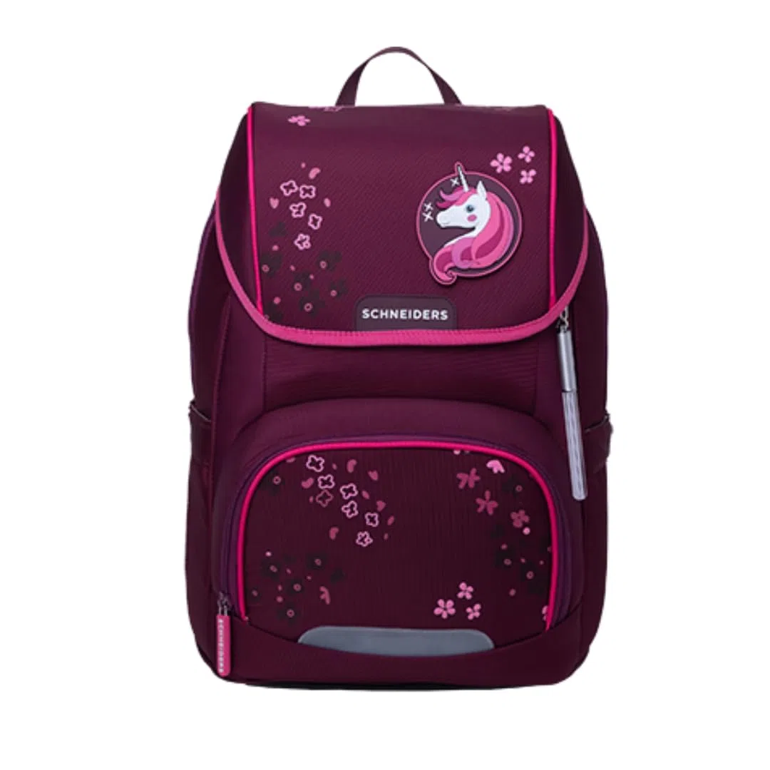 Schneiders Ergojet Schultasche Set Floral Fantasy (6-teilig) – Wandelbarer Mädchen-Schulranzen Einhorn, LED-Licht, ergonomisch & nachhaltig, leicht (990g), Schule & Freizeit, 21L, Bordeaux-Rot