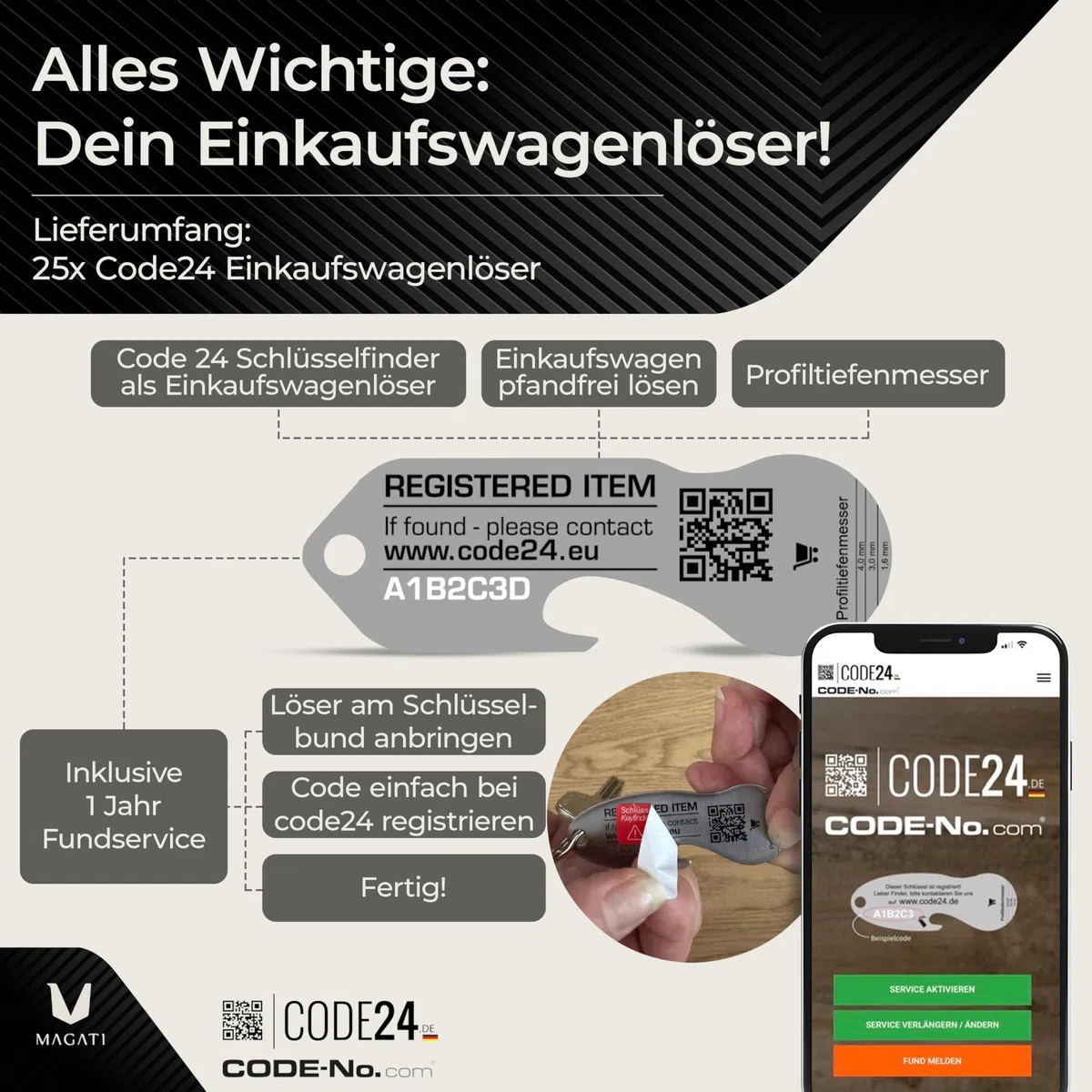 MAGATI Einkaufswagenlöser in hochwertiger Optik – Edelstahl Einkaufswagenchip mit Profiltiefenmesser, Flaschenöffner & Fundservice - 50 Stück