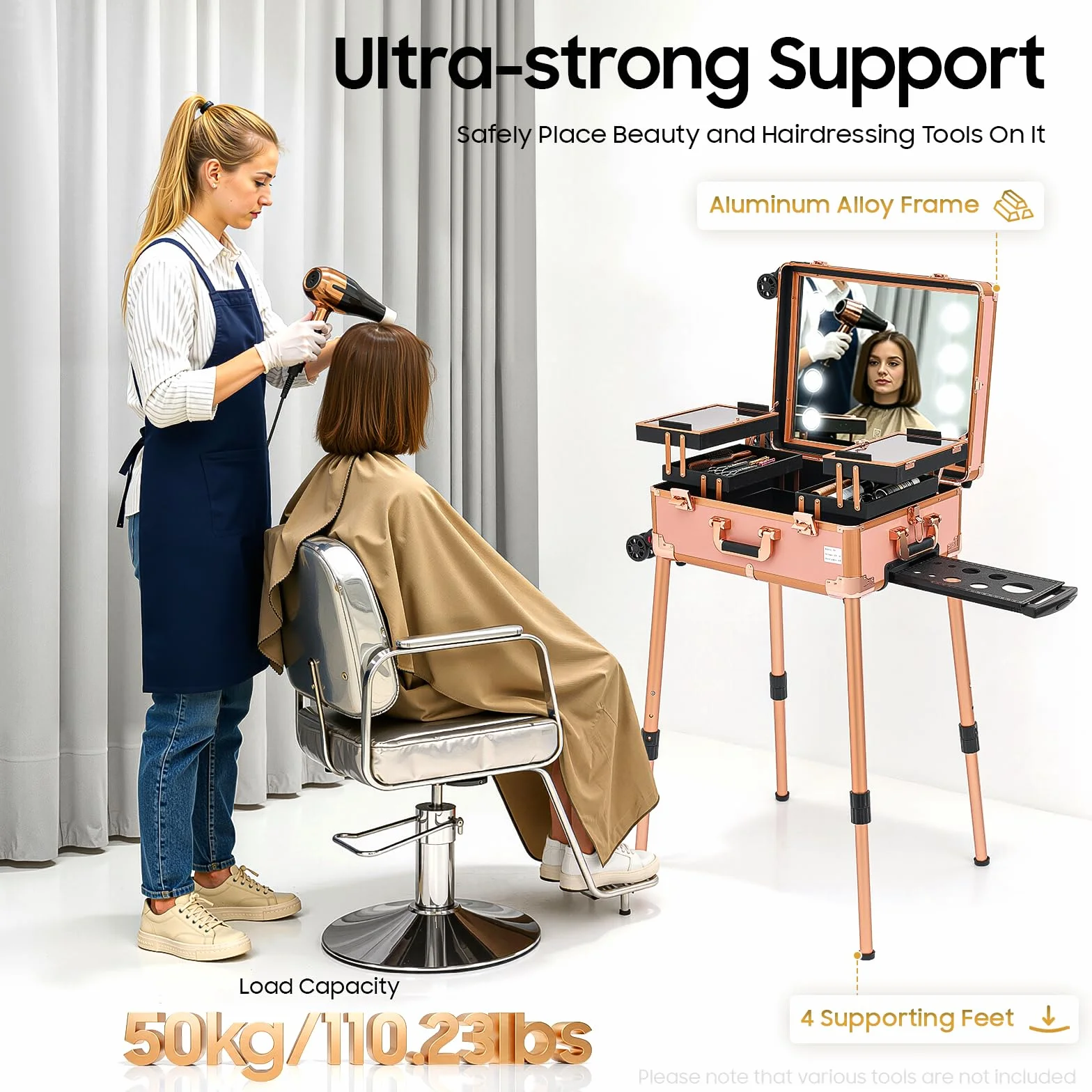 Kosmetikkoffer Trolley, 52x40x133cm Schminkkoffer Schminkstation Make Up Koffer mit LED Beleuchtung Spiegel verstellbaren Beinen 4 Rollen 360° drehbar 50kg Abschließbar für Friseure Visagisten Reise S