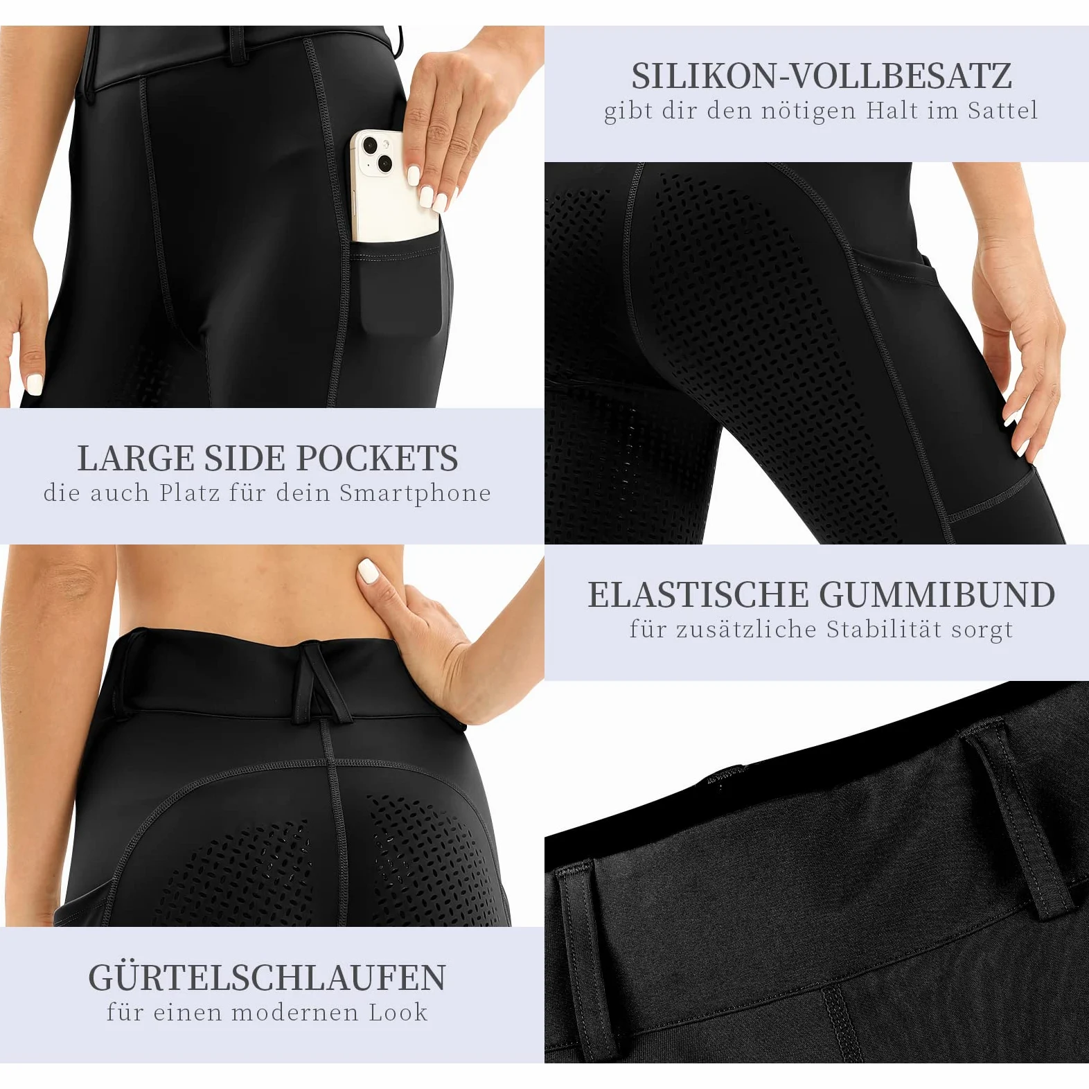 Reitleggings Damen Vollbesatz mit Handytasche, High Waist Reithose Damen Mädchen Stretch mit Gürtelschlaufen