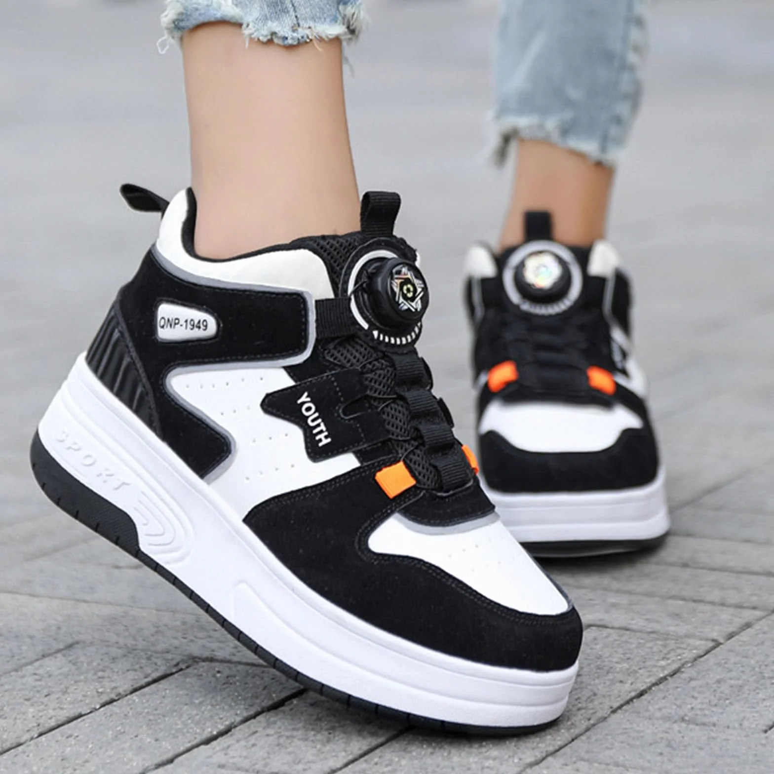 Surwin Schuhe mit Rollen Kinder Mädchen Jungen, Drehschnalle Halbhoher Turnschuhe mit Einziehbaren Hinterrädern, Rollschuhe Schuhe Skateboardschuhe Roller Skate Shoes Rollschuhe