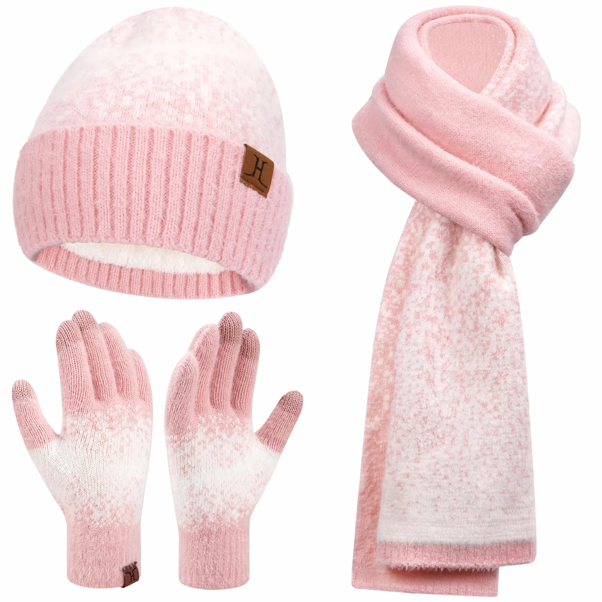 Damen Winter Warm Mütze Touchscreen Handschuhe und Lang Schal Set mit Fleece Gefütterte, Thermo Wintermütze Strickmütze Beanie Winterhandschuhe Strickhandschuhe Schals Frauen Geschenk Weihnachten